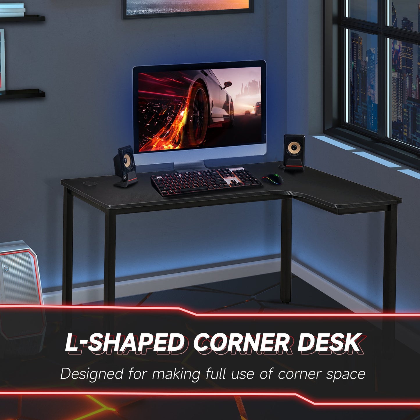 L-Shaped Desk, 57 Inch Corner Desk, Computer Table, Writing Workstation for Home Office with Cable Management, Black Writing Desks   at Gallery Canada