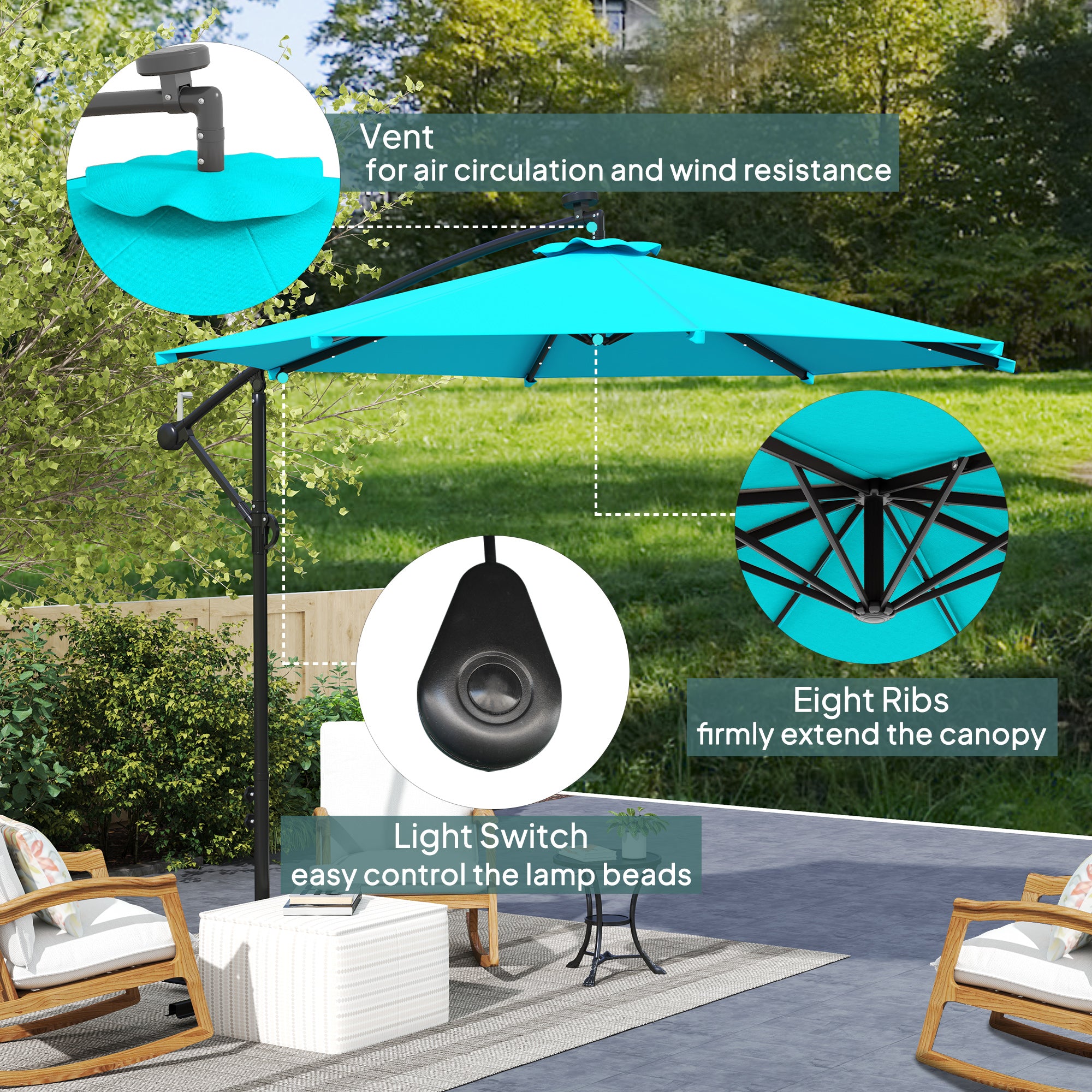 10ft Outdoor Cantilever Umbrella Banana Umbrella with Solar Lights and Adjustable Angle for Patio Backyard Turquoise Offset Cantilever Umbrellas at Gallery Canada