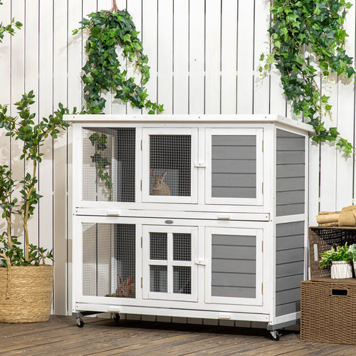 2 Tier Wooden Rabbit Hutch with Wheels, Waterproof Roof, Removable Tray for Outdoor &; Indoor, Dark Grey
