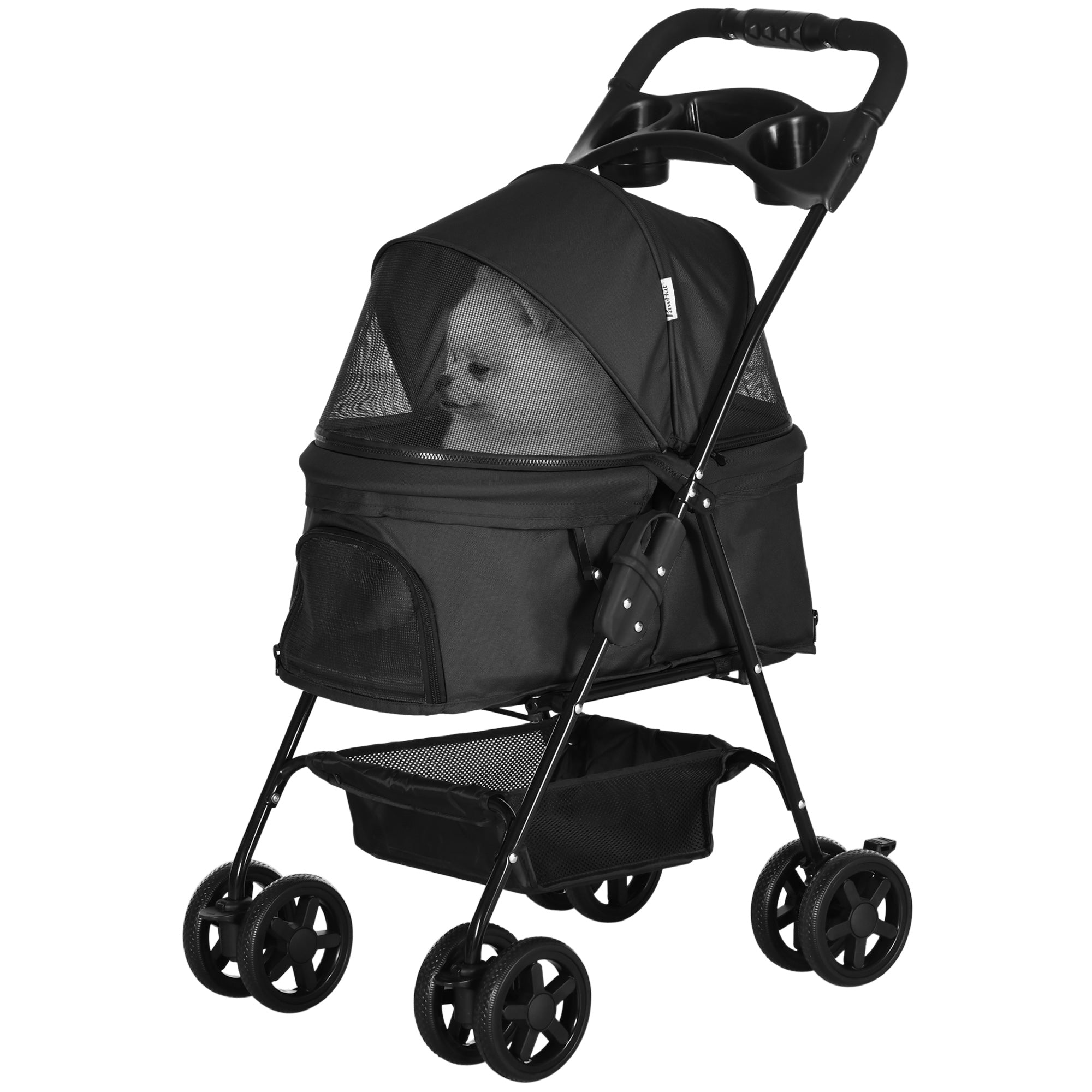 Dog Stroller Foldable Design with Storage Basket, Adjustable Canopy, Cup Holder, Safety Leashes, for Mini Dogs, Black Dog Bike Trailers & Strollers Black  at Gallery Canada