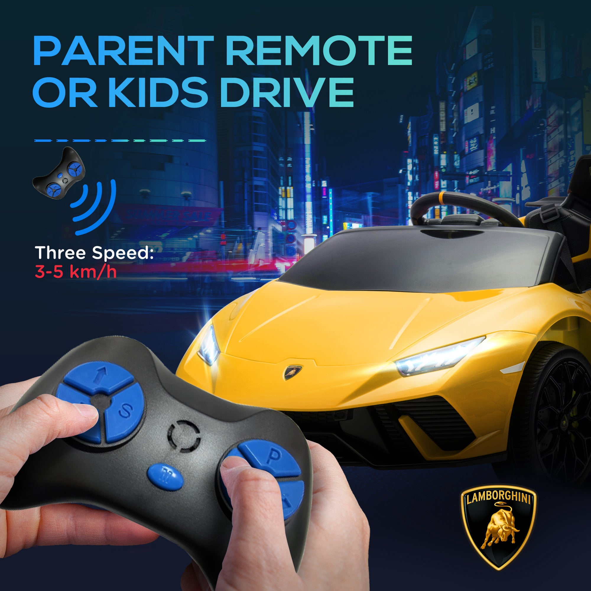 12V Lamborghini Huracan Licensed Kids Electric Car with Remote Control, Spring Suspension, Transport Wheels, Yellow Electric Toy Cars   at Gallery Canada