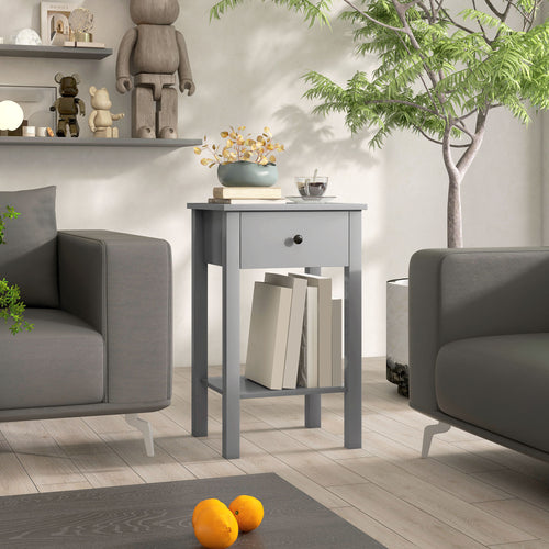 End Tables Set of 2, Side Tables with Drawer and Bottom Shelf, 2-tier Nightstand for Bedroom, Living Room, Grey