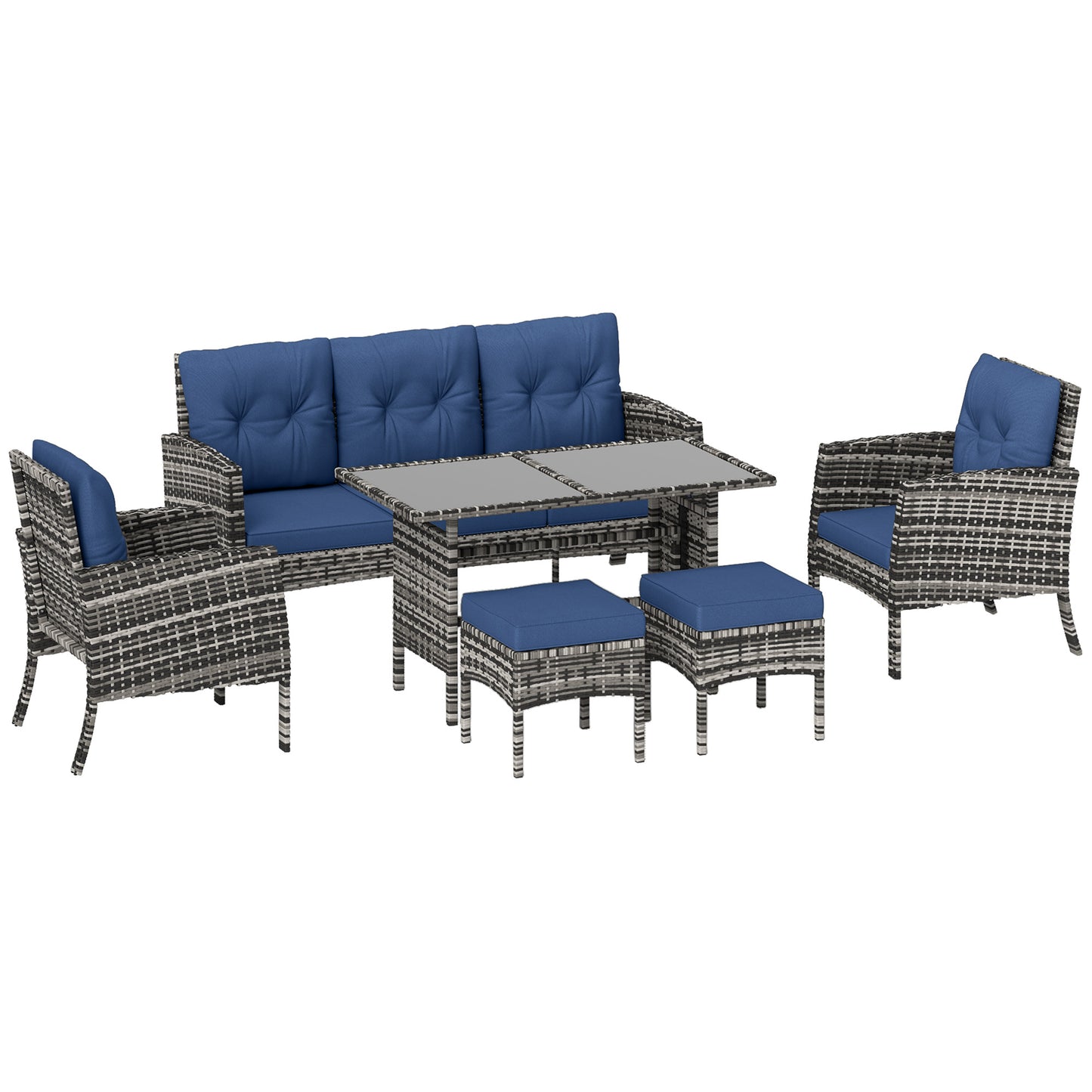 6 Piece Patio Furniture Set with Patio Chairs, Ottomans, Sofa, Glass Top Table and Cushions, Wicker Rattan Outdoor Furniture Set for Backyard, Porch, Navy Blue Patio Furniture Sets at Gallery Canada