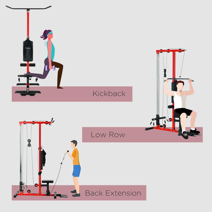 Lat Pull Down Machine, High / Low Pulley Machine with Adjustable Seat and Flip-Up Footplate, Red Power Towers   at Gallery Canada