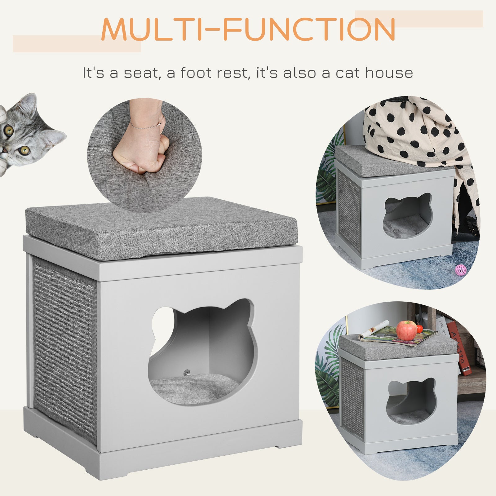 Indoor Cat Bed with 2 Exterior Scratching Boards, Cat Cube House with Removeable Cushions, 16