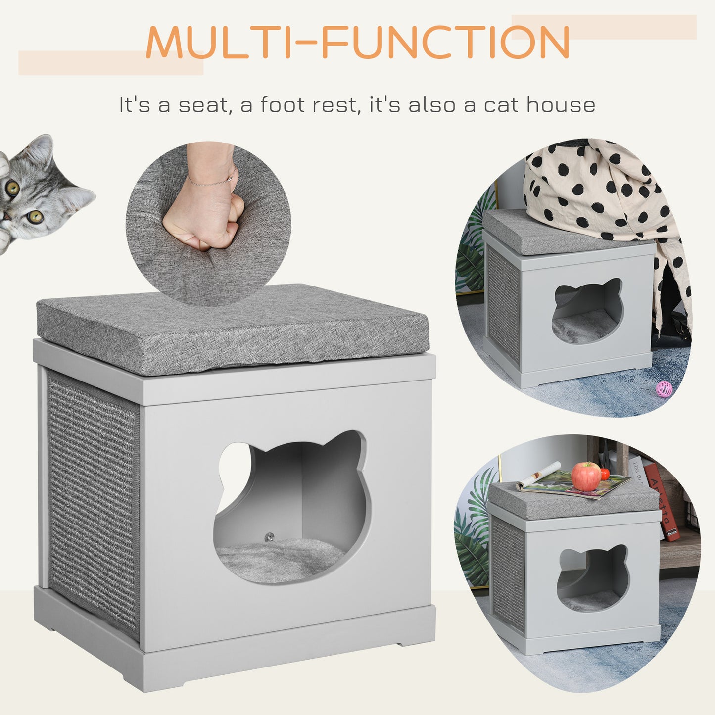 Indoor Cat Bed with 2 Exterior Scratching Boards, Cat Cube House with Removeable Cushions, 16" L x 12" W x 14" H, Grey Cat Houses   at Gallery Canada