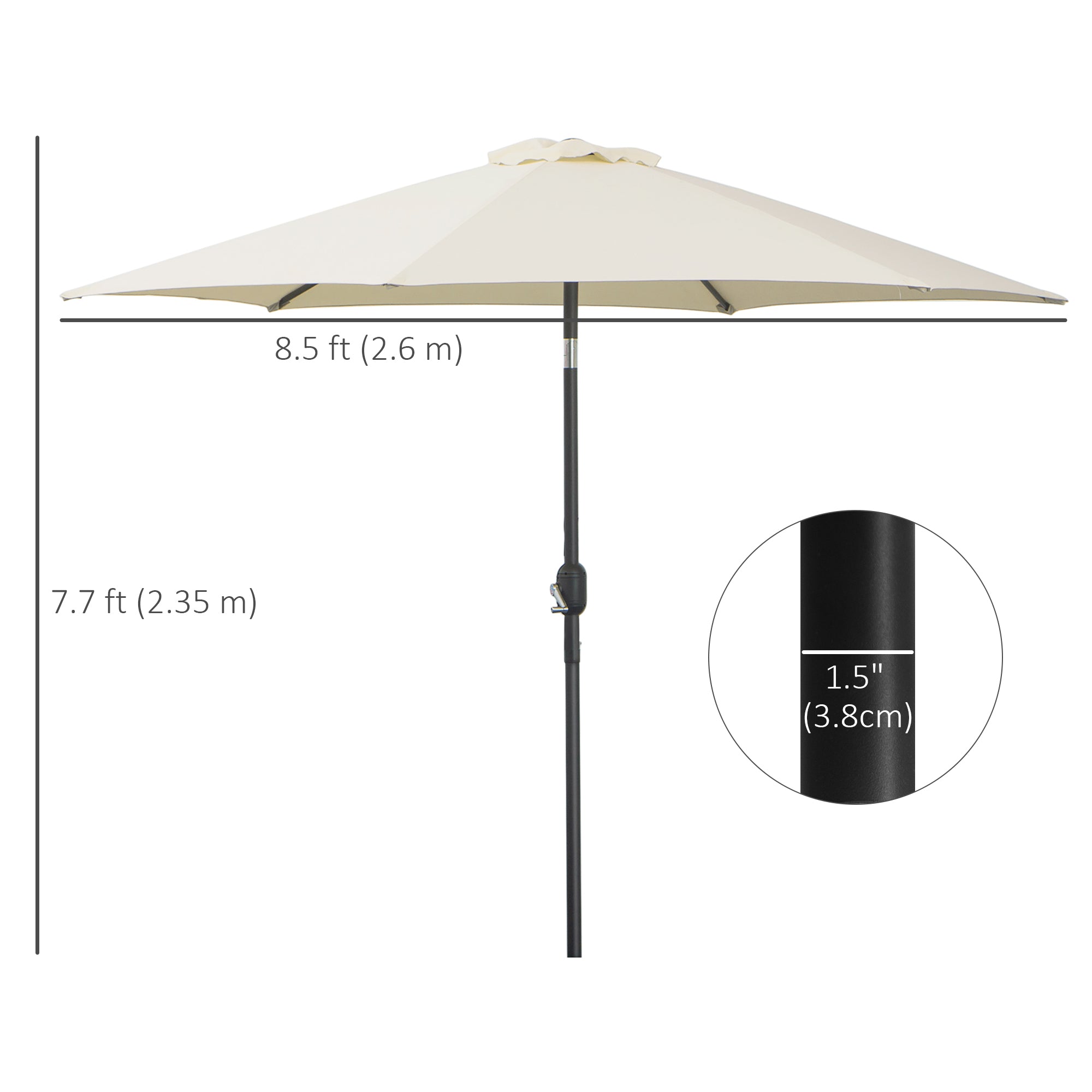 8.5' Round Aluminum Patio Umbrella 6 Ribs Market Sunshade Tilt Canopy w/ Crank Handle Garden Parasol Cream White Sun Umbrellas at Gallery Canada