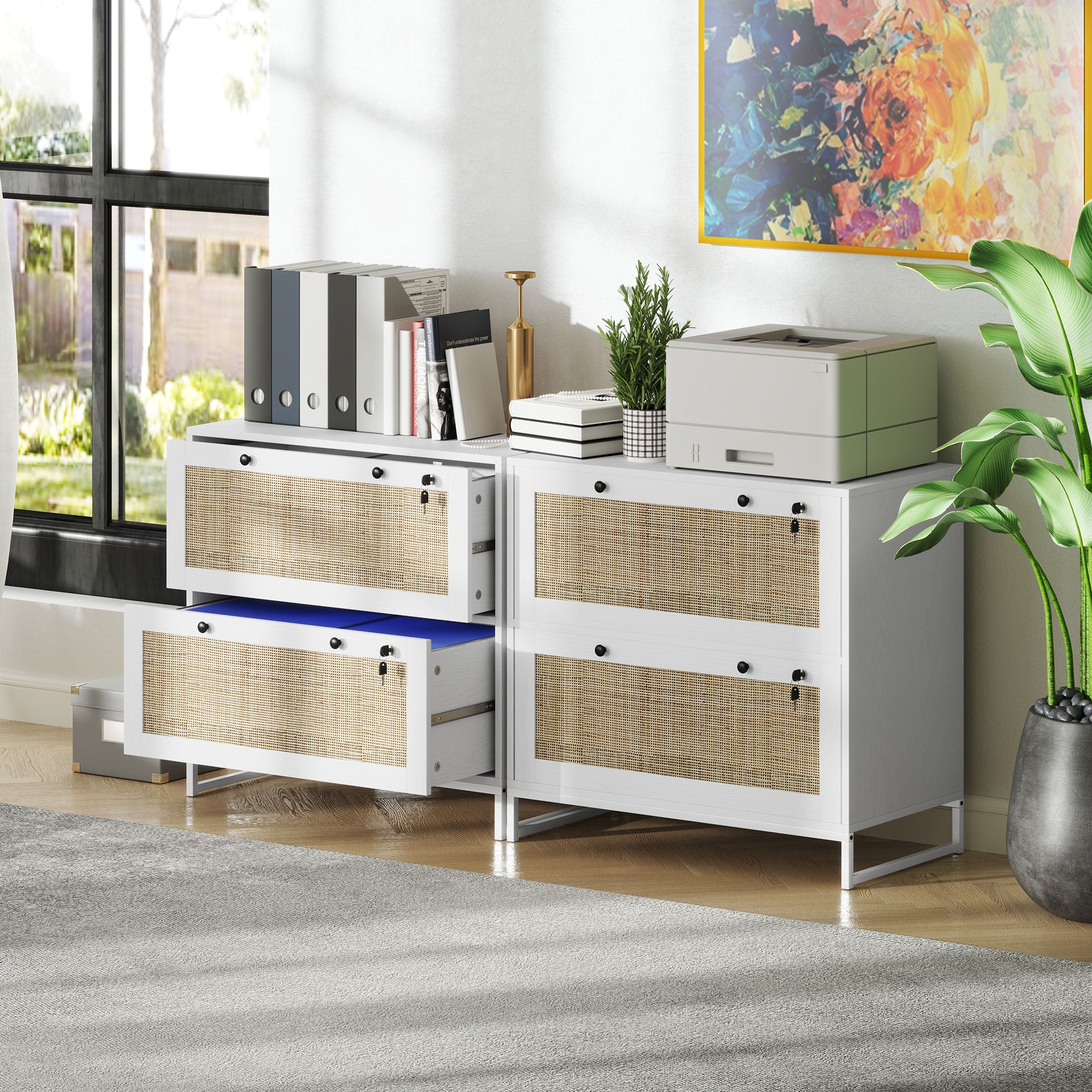 2-Drawer Filing Cabinet with Lock, Rattan File Cabinet with Adjustable Hanging Bar, White Office Cabinets & Cupboards at Gallery Canada