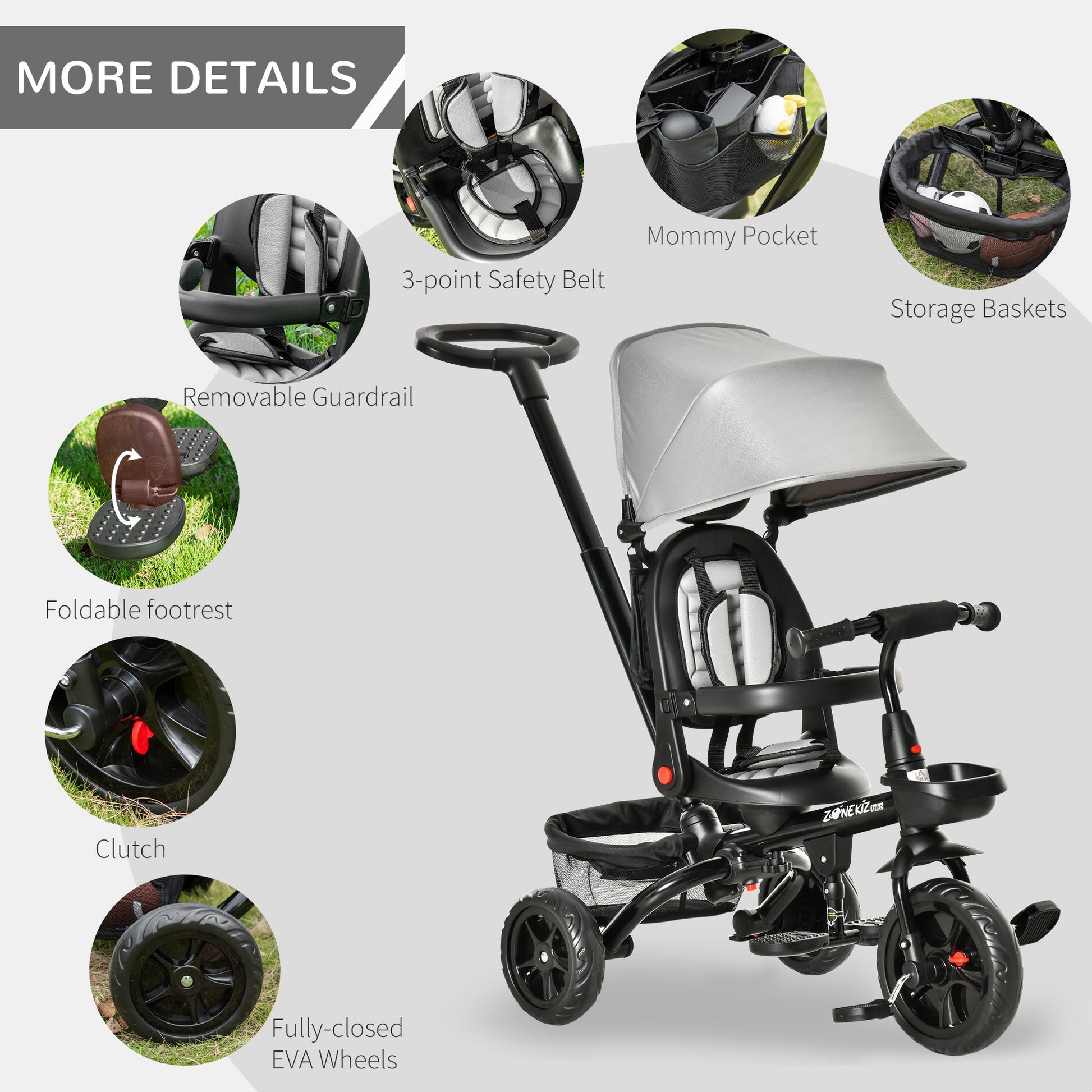 4-in-1 Baby Tricycle with Adjustable Seat, Handle, Canopy, Storage, Grey Tricycles for Kids   at Gallery Canada