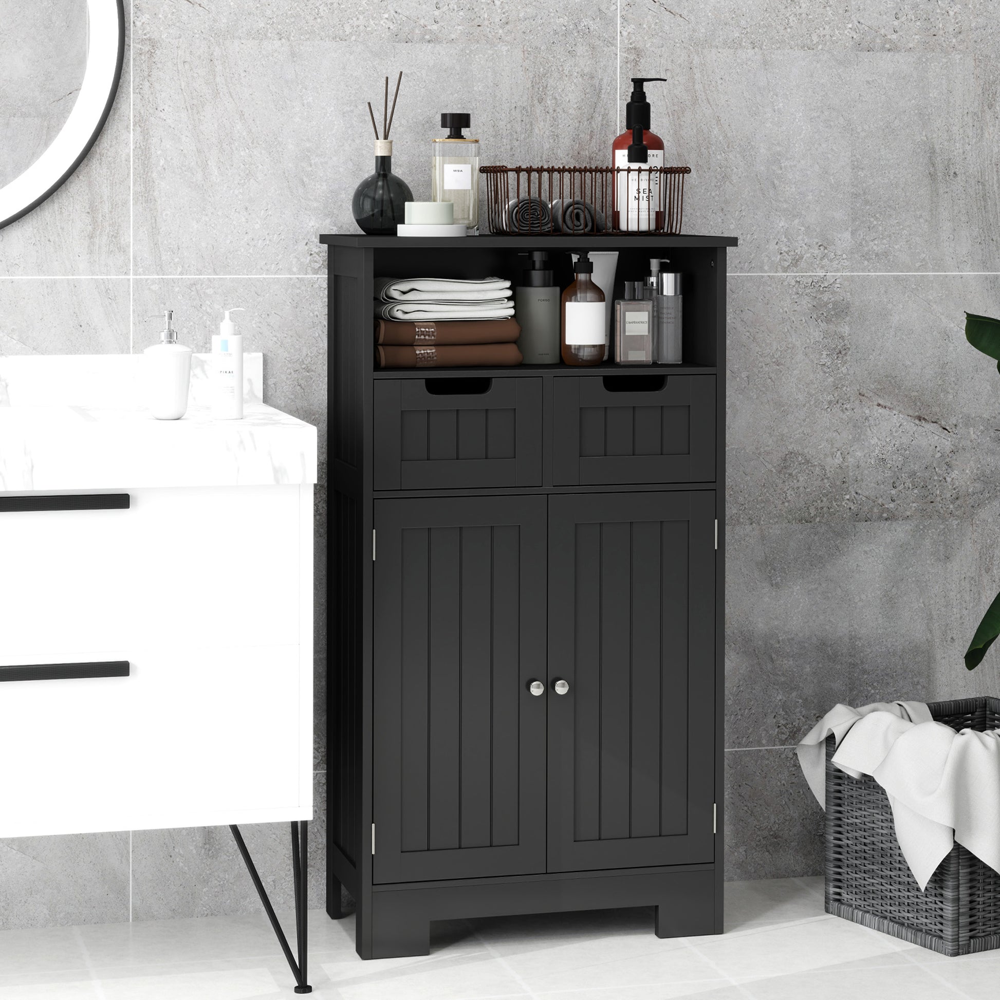 Freestanding Bathroom Cabinet with Adjustable Shelf and Drawers, Small Cabinet for Bathroom, Living Room, Black Bathroom Cabinets at Gallery Canada