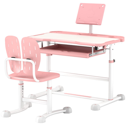 Height Adjustable Kids Desk and Chair Set with Tilt Desktop, Large Writing Board, Storage Drawer, Book Stand, Pink Kids Desk Sets   at Gallery Canada
