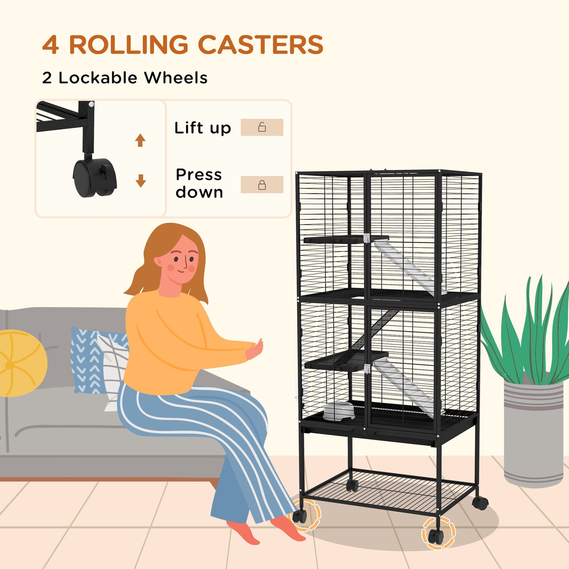 Rolling Small Animal Cage 53.5"H Chinchilla Cage for Ferrets, Squirrels w/ Removable Tray, Storage Shelf, Black Houses & Habitats   at Gallery Canada