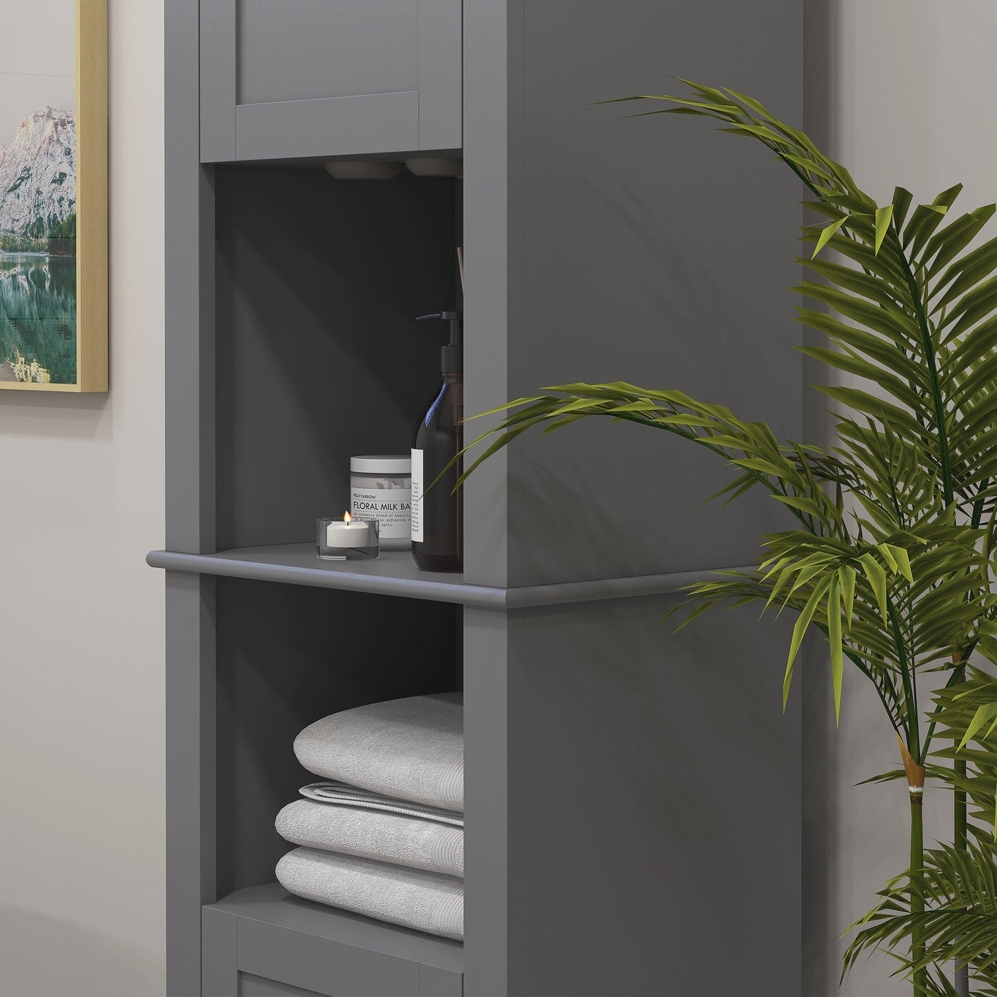 Tall Bathroom Cabinet, Freestanding Linen Cabinet with Open Shelves and 2 Cupboards, Narrow Storage Cabinet, Grey Bathroom Cabinets   at Gallery Canada