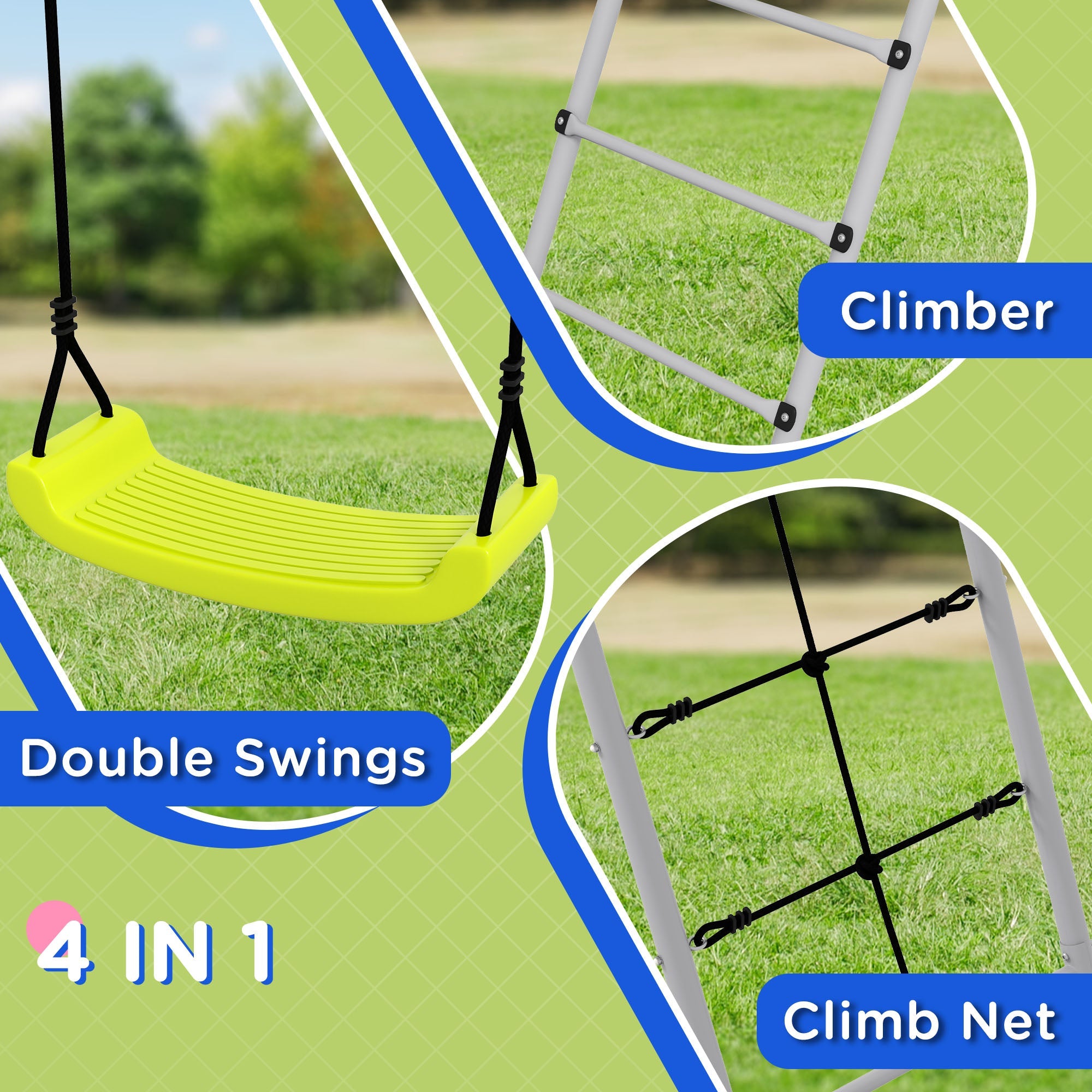 4 in 1 Metal Swing Set with Double Swings, Climber, Climbing Net for Kids, Toddlers, Backyard, Outdoor, Playground Gym Sets & Swings   at Gallery Canada