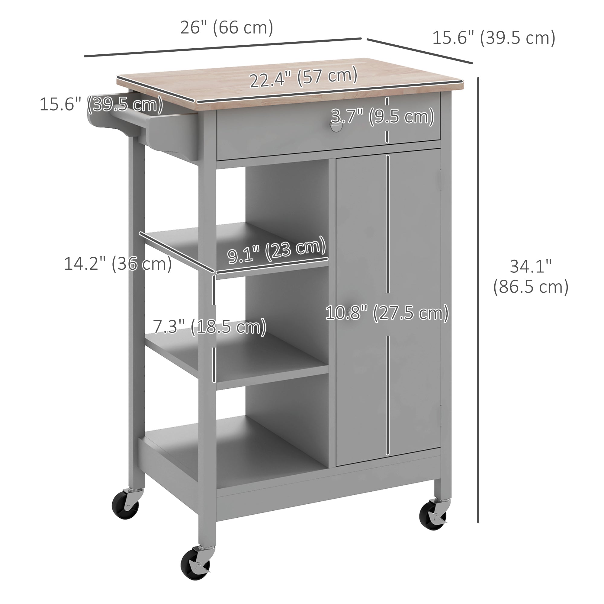 Modern Rolling Kitchen Island Cart with Drawer, Natural Wood Top, Towel Rack, Door Storage Cabinet, Grey Kitchen Islands & Kitchen Carts   at Gallery Canada