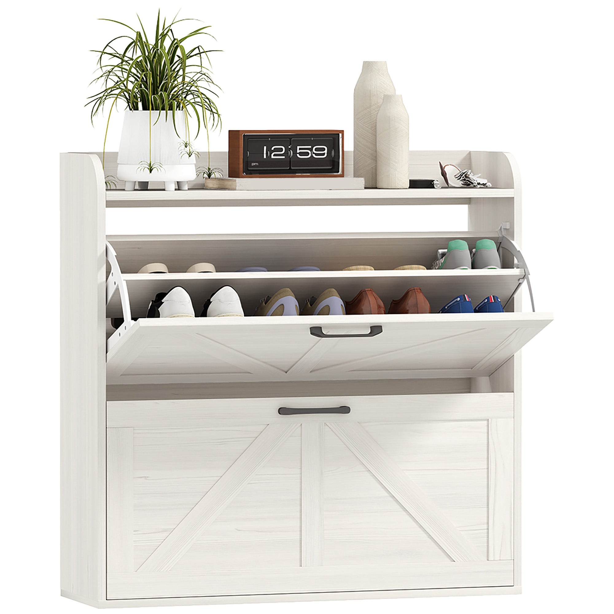 Narrow Shoe Storage Cabinet, Farmhouse Slim Shoe Cabinet with 2 Flip Drawers, Adjustable Shelves, White Oak Shoe Storage Cabinets & Racks at Gallery Canada