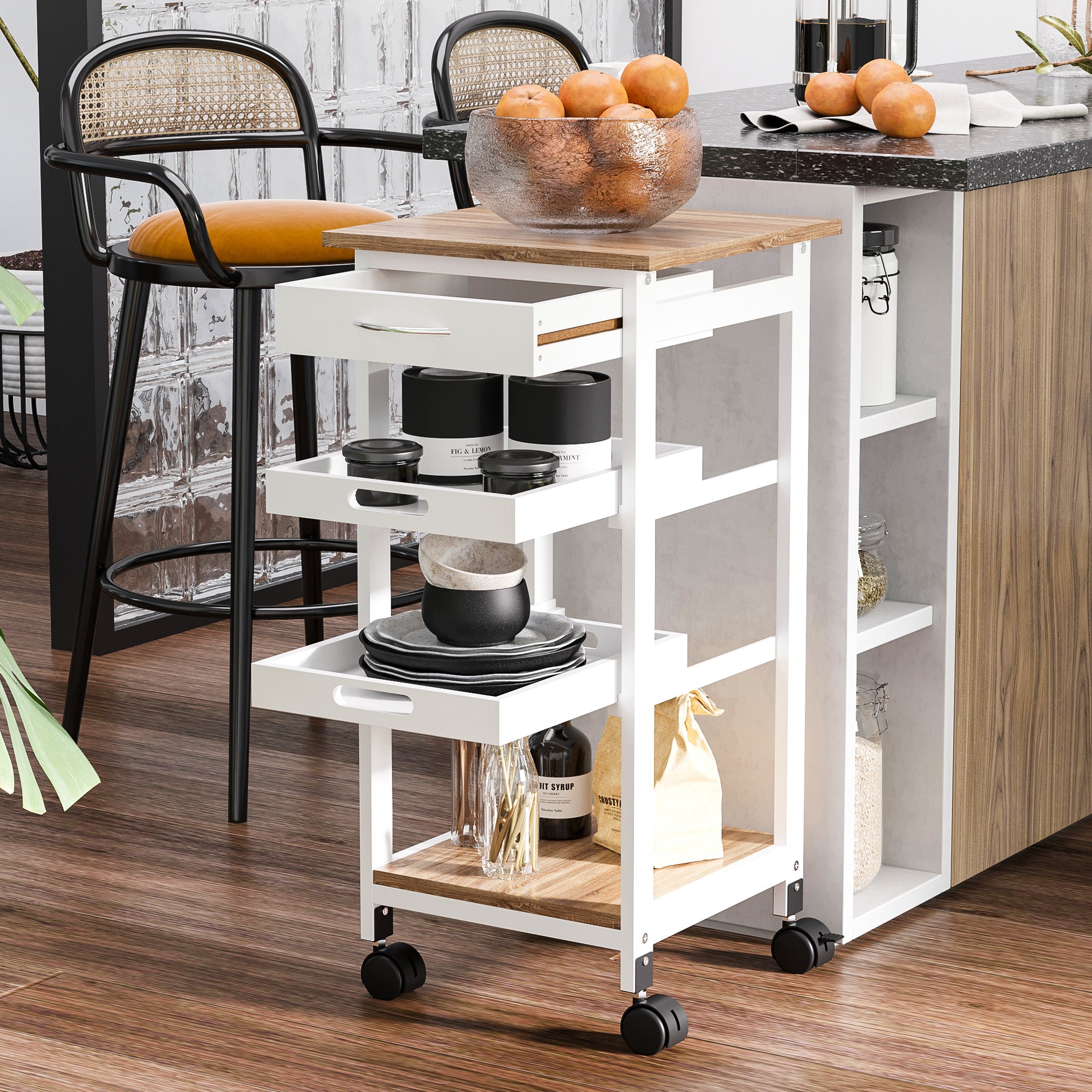 Bar Cart, 4-Tier Kitchen Cart with Removable Serving Tray, Kitchen Shelves on Wheels with Drawer for Dining Room, Living Room, White Kitchen Islands & Kitchen Carts at Gallery Canada