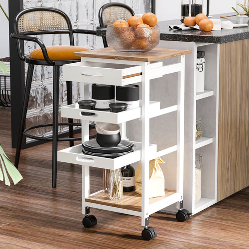Bar Cart, 4-Tier Kitchen Cart with Removable Serving Tray, Kitchen Shelves on Wheels with Drawer for Dining Room, Living Room, White
