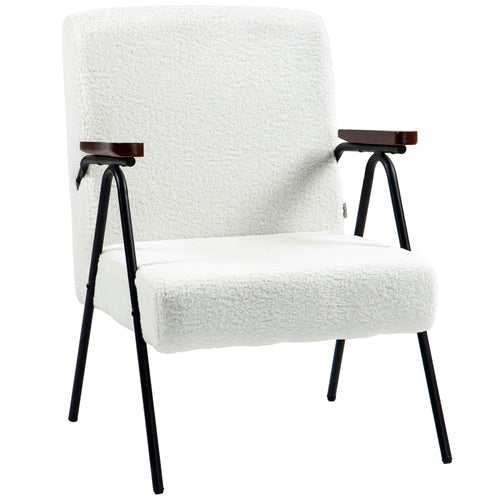 Modern Armchair, Upholstered Teddy Fleece Accent Chair with Wood Arms and Steel Frame for Living Room, Bedroom, White