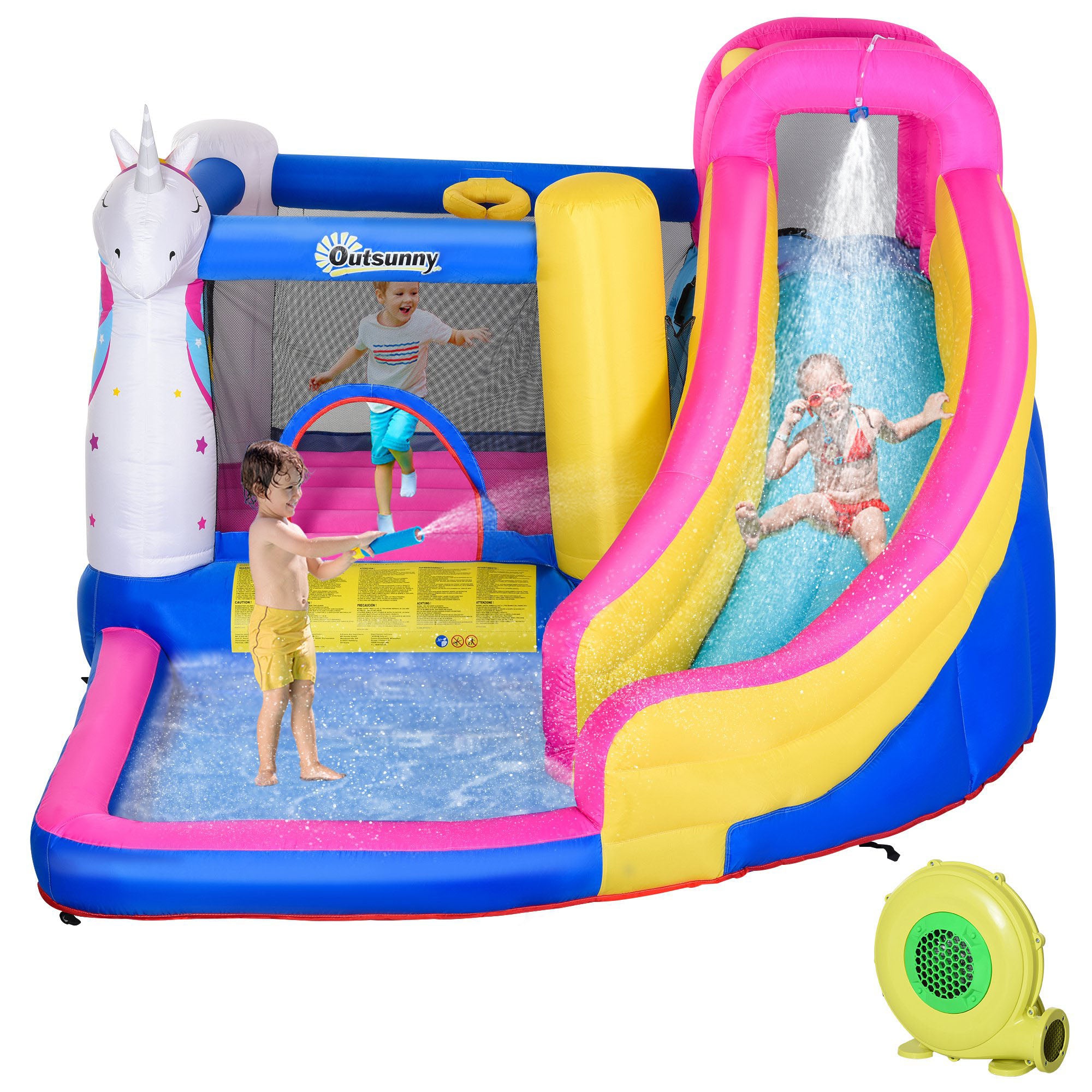 Kids 5 in 1 Inflatable Bounce Castle House, Trampoline Water Slide Pool Climbing Wall with Inflator for Kids Age 3-12 Summer 12.4' x 10.5' x 6.9' - Multi-color Inflatables at Gallery Canada