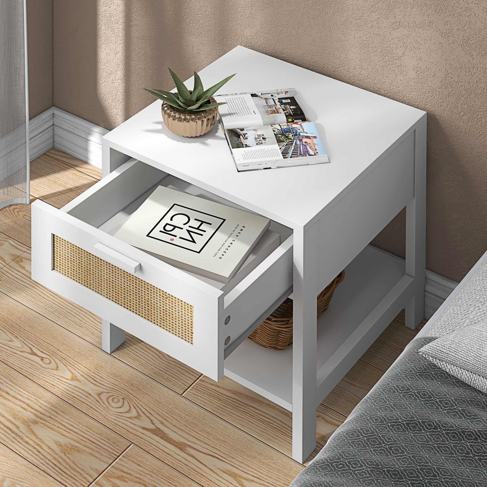 Modern Bedside Table, Accent Nightstand with Drawer and Open Shelf, Bed End Table for Bedroom, Living Room, White Bedside Tables   at Gallery Canada