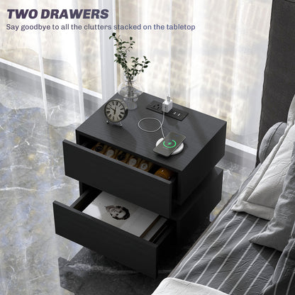 Bedside Table with Charging Station and LED Light Modern Nightstand with USB Ports AC Outlets Drawers Remote, Black Bedside Tables   at Gallery Canada