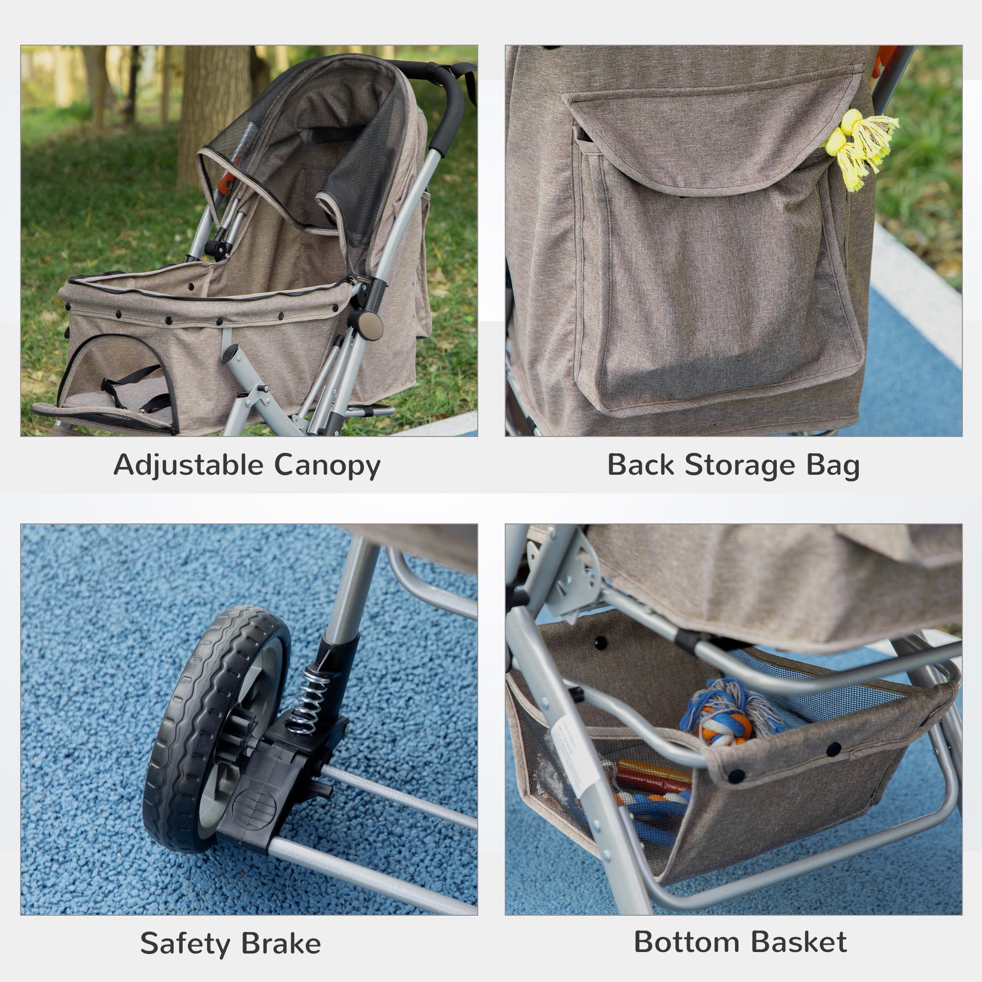 4 Wheels Pet Stroller w/ Reversible Handle, Foldable Dog Cat Travel Carriage w/ EVA Wheels Basket Storage Bag 3-stage Canopy Brown Dog Bike Trailers & Strollers   at Gallery Canada