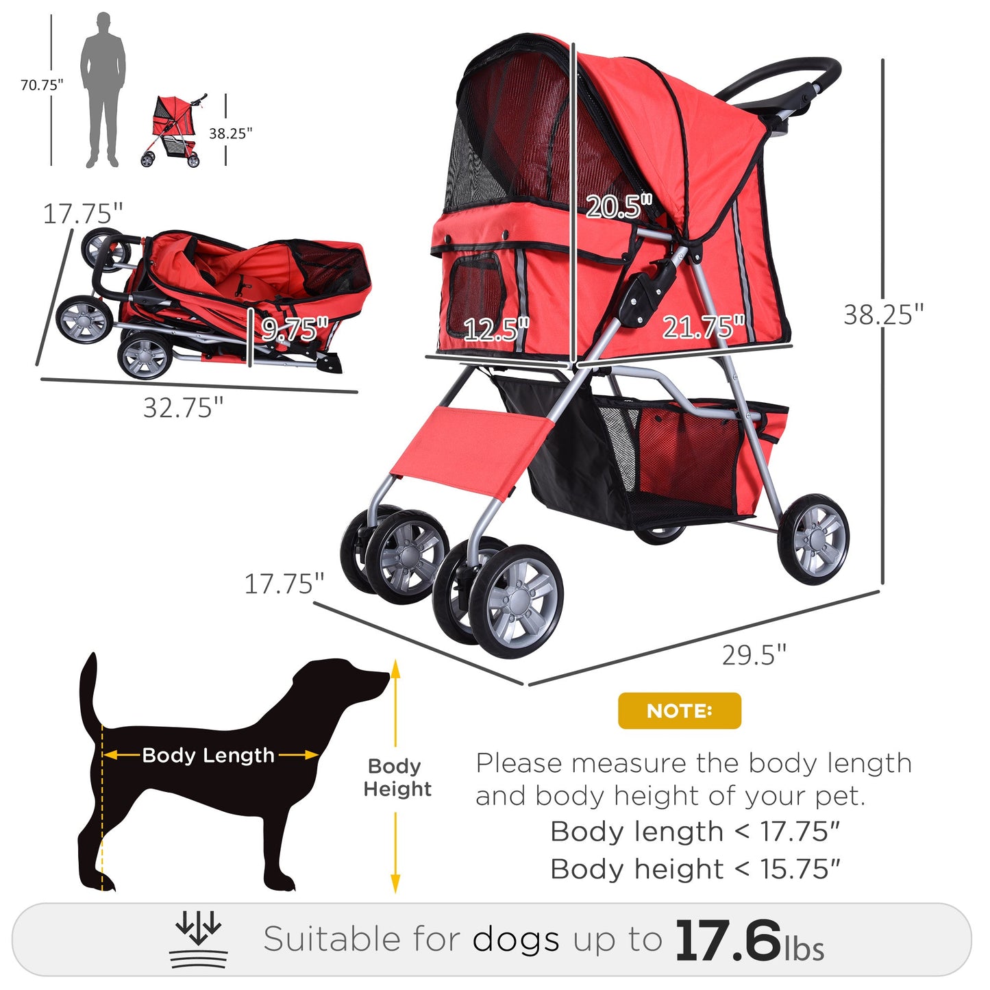 4 Wheel Dog Pet Stroller Dog Cat Carrier Folding Sunshade Canopy with Brake, Red Dog Bike Trailers & Strollers   at Gallery Canada