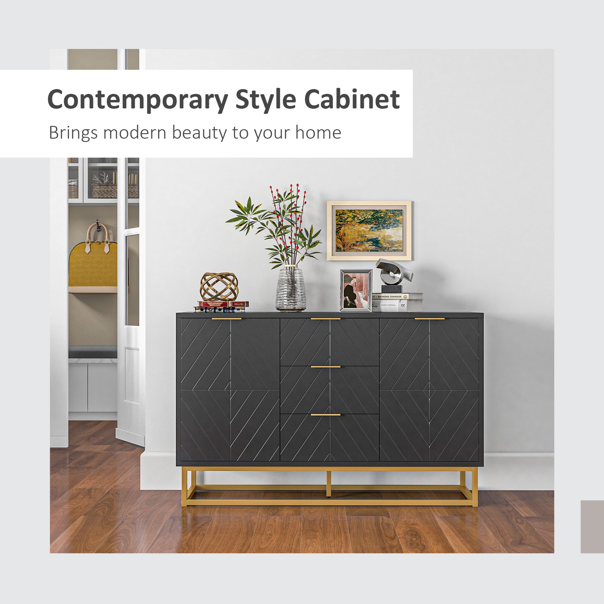 Sideboard Storage Cabinet with 3 Drawers, Adjustable Shelves and Doors, Kitchen Buffet Cabinet for Dining Room, Black Kitchen Pantry Cabinets   at Gallery Canada