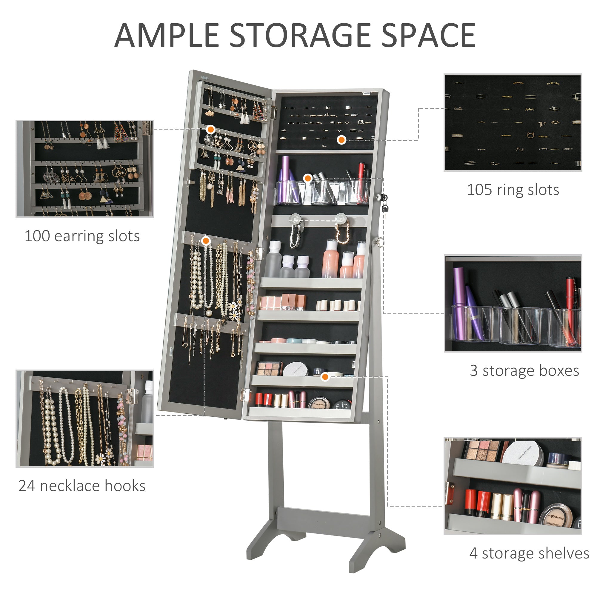 Lockable Jewelry Armoire with LED Light, Standing Mirror with Storage for Bedroom Dressing Room, Grey Jewelry Armoire & Jewellery Mirror Cabinets   at Gallery Canada