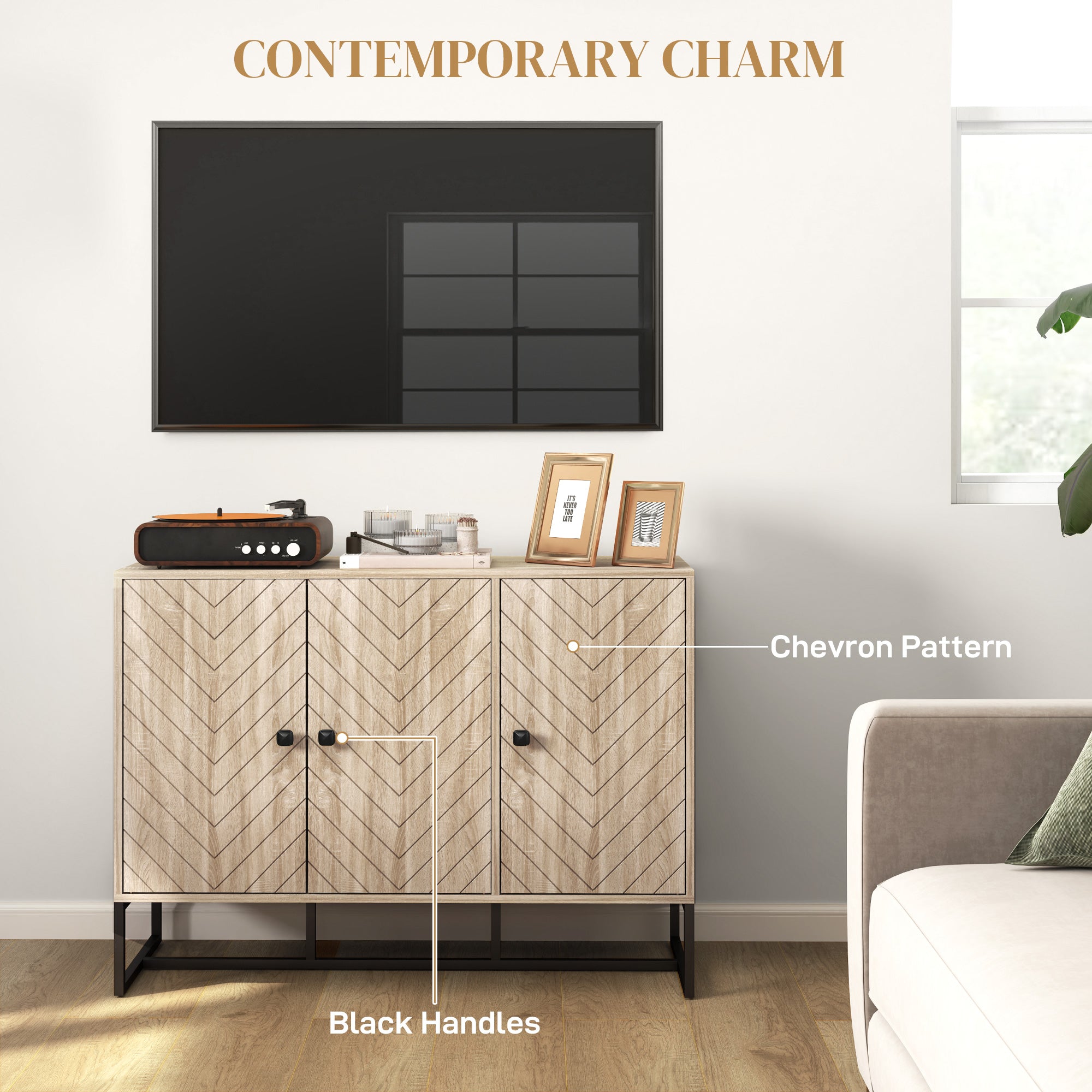 Modern Sideboard, Buffet Cabinet with Adjustable Shelves, 3 Chevron Doors for Living Room, Hallway, Oak Wood Grain Storage Cabinets at Gallery Canada