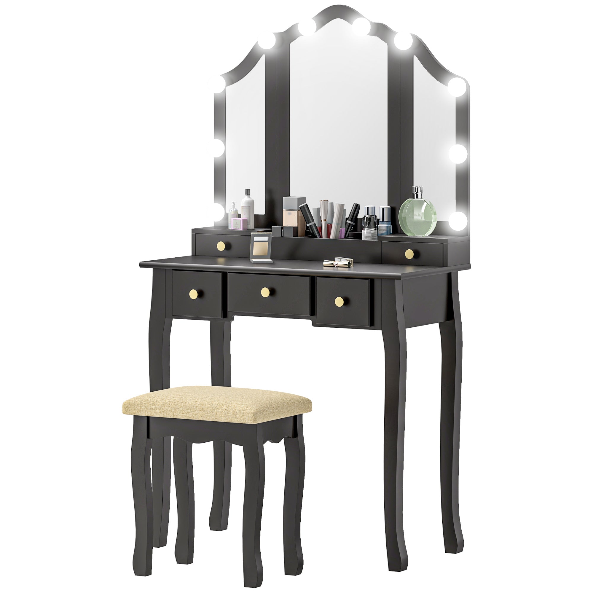 Makeup Vanity Desk with Mirror and Stool, Vanity Set with 10 LED Lights, 5 Drawers and 3 Compartments, Black Dressing & Vanity Tables Black at Gallery Canada
