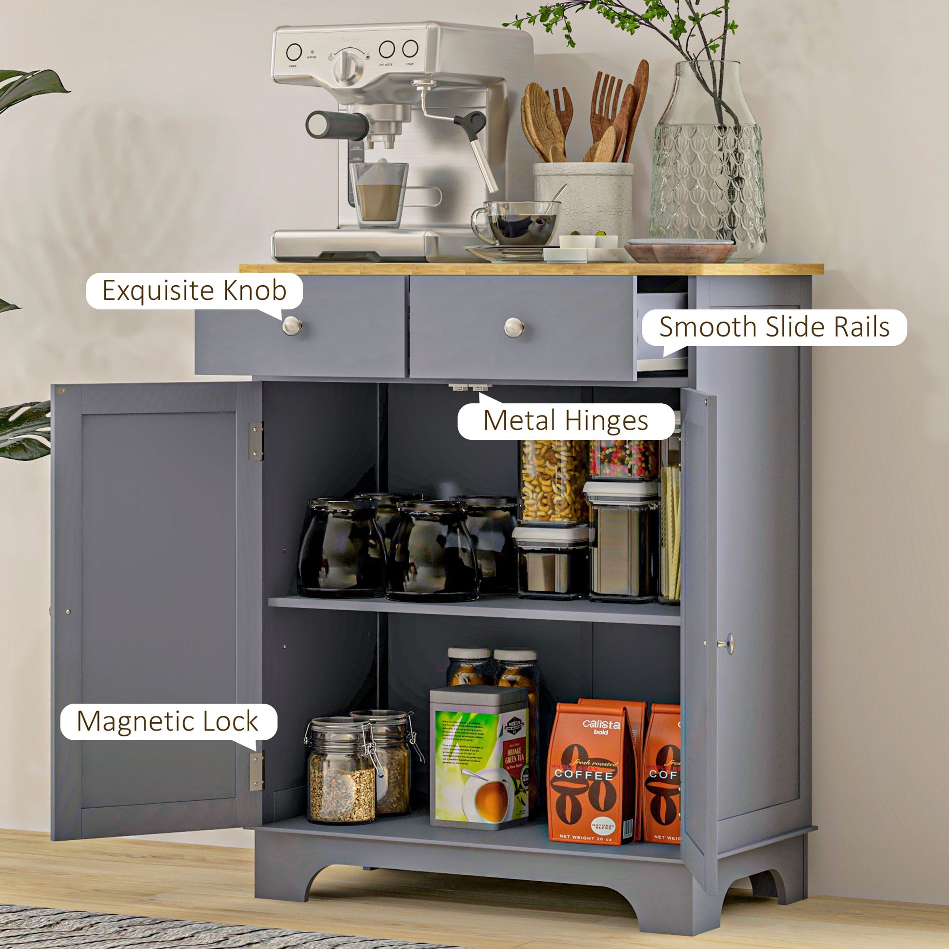 Kitchen Storage Cabinet with Adjustable Shelf, 2 Drawers and 2 Doors, Sideboard Buffet Cabinet, Grey Storage Cabinets   at Gallery Canada