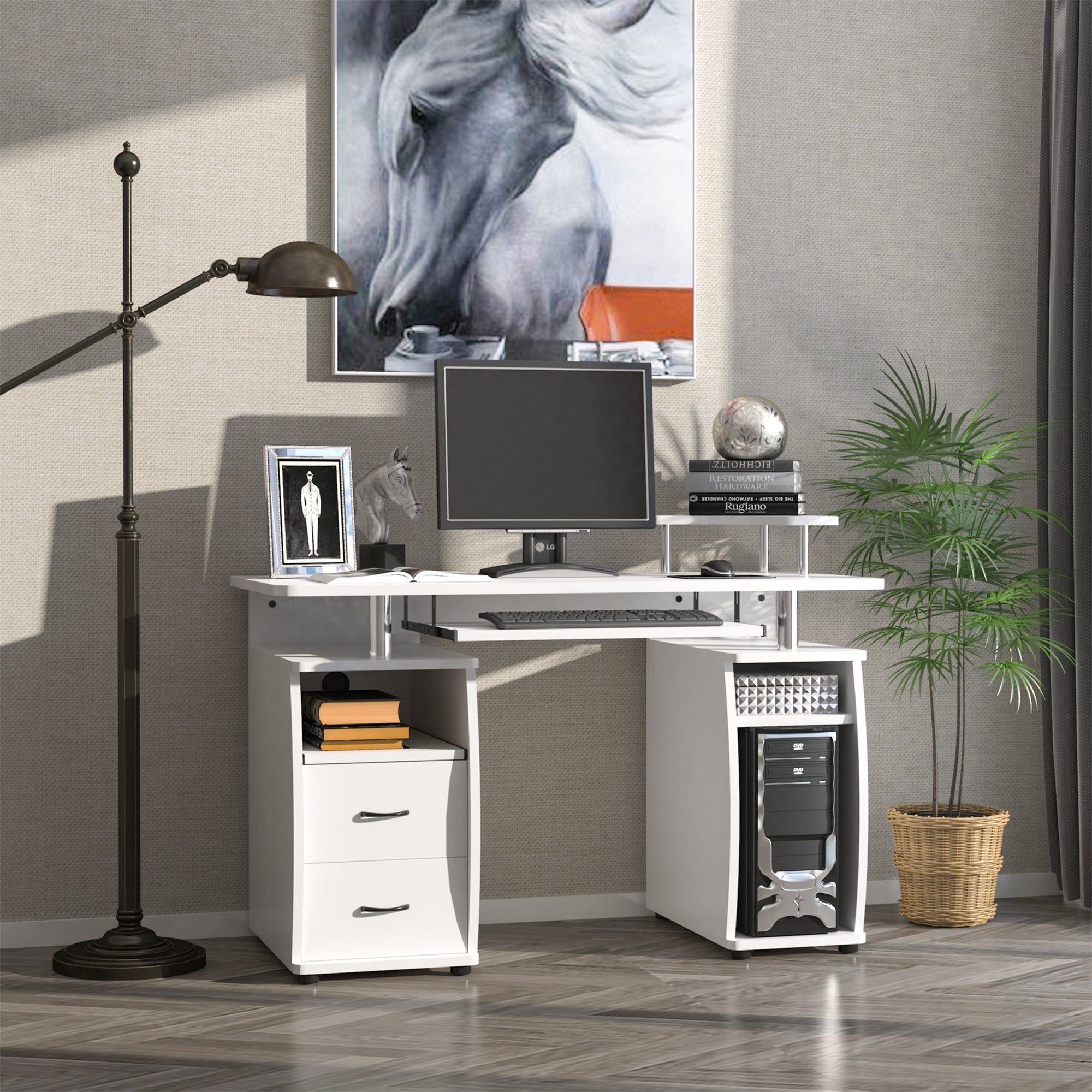 Computer Desk with Keyboard Tray, CPU Stand, Writing Desk with Drawers, Workstation for Home Office, White Computer Desks   at Gallery Canada