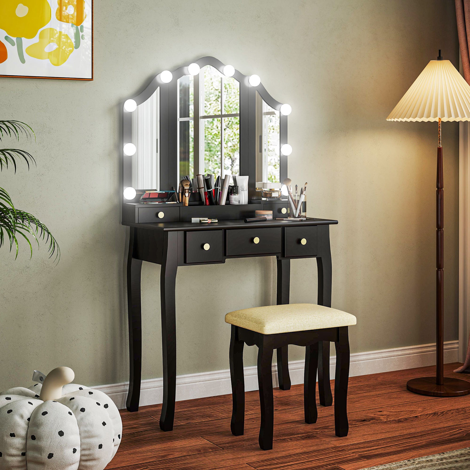 Makeup Vanity Desk with Mirror and Stool, Vanity Set with 10 LED Lights, 5 Drawers and 3 Compartments, Black Dressing & Vanity Tables at Gallery Canada