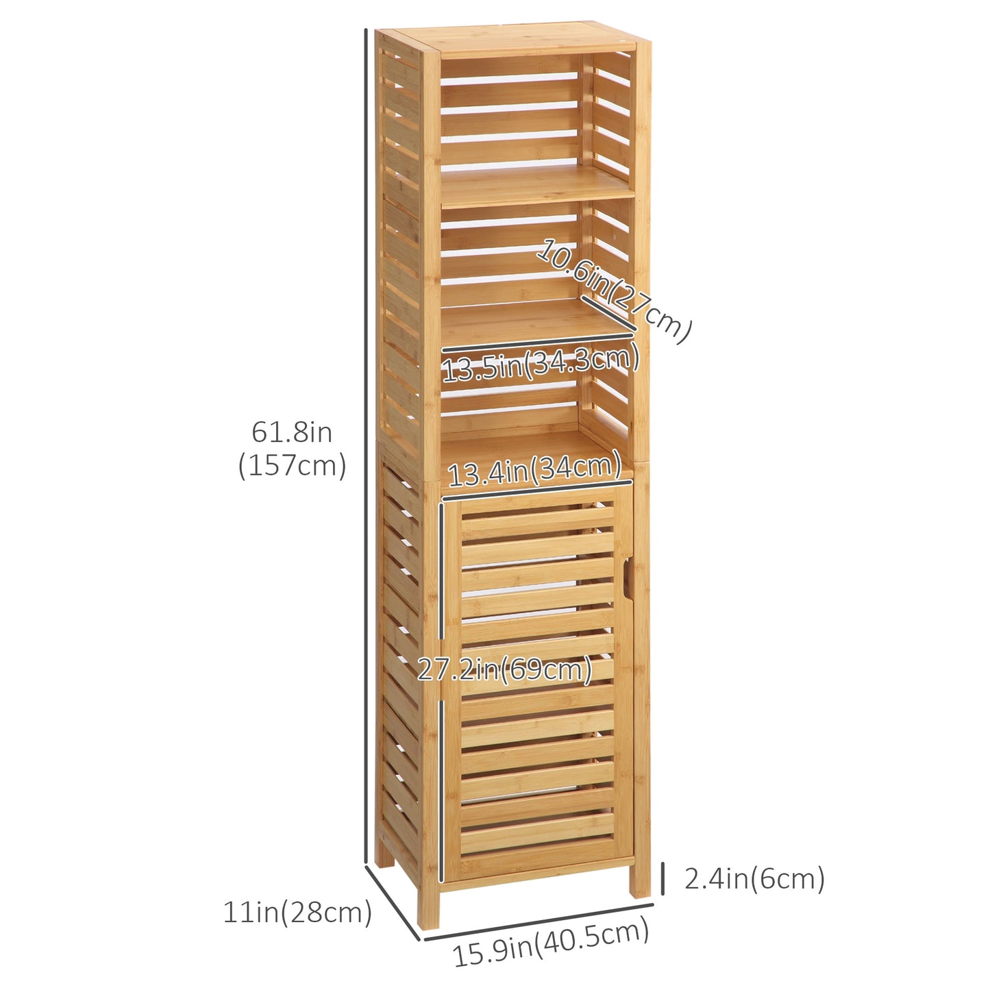 Tall Bathroom Storage Cabinet with 3 Open Shelves, Slim Bamboo Linen Tower Freestanding Linen Towel with Slatted Door, Natural Bathroom Cabinets   at Gallery Canada