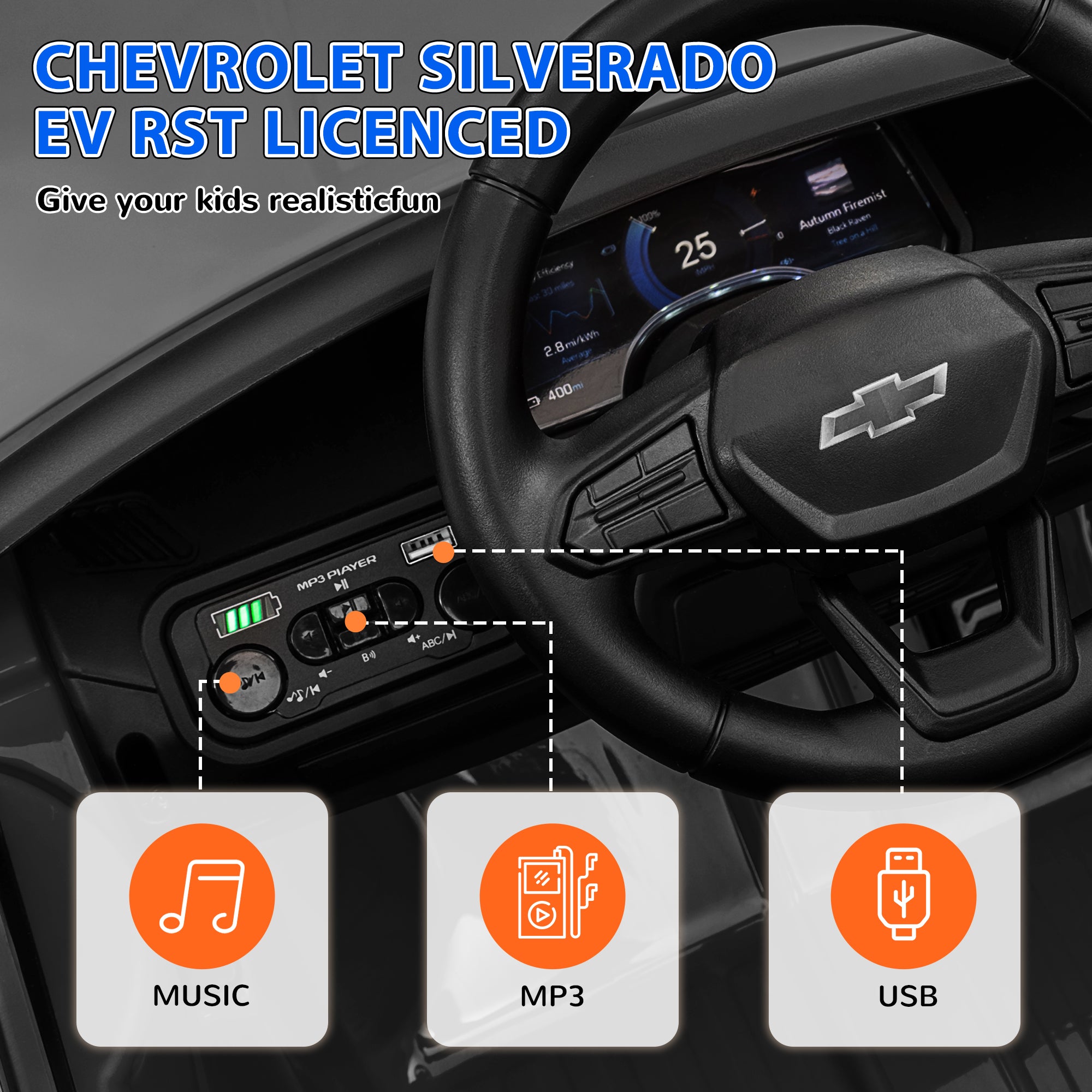 12V CHEVROLET SILVERADO EV RST Licensed Kids Car w/ Remote, Spring Suspension, Soft Start, Training Wheels, Black Electric Toy Cars   at Gallery Canada