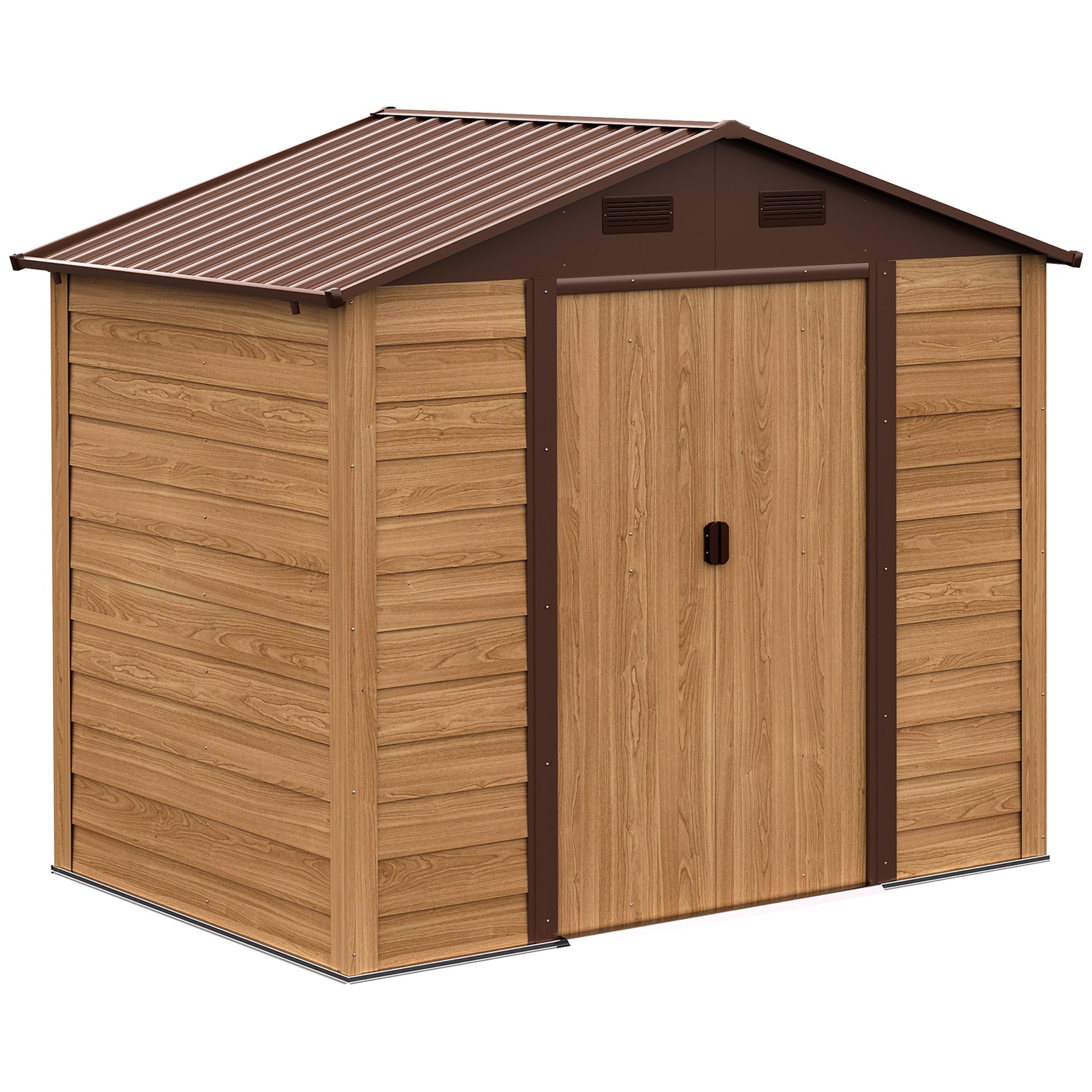 6.4' x 7.7' Outdoor Metal Garden Shed House Hut Gardening Tool Storage with Ventilation, Brown with Wood Grain Sheds Brown  at Gallery Canada