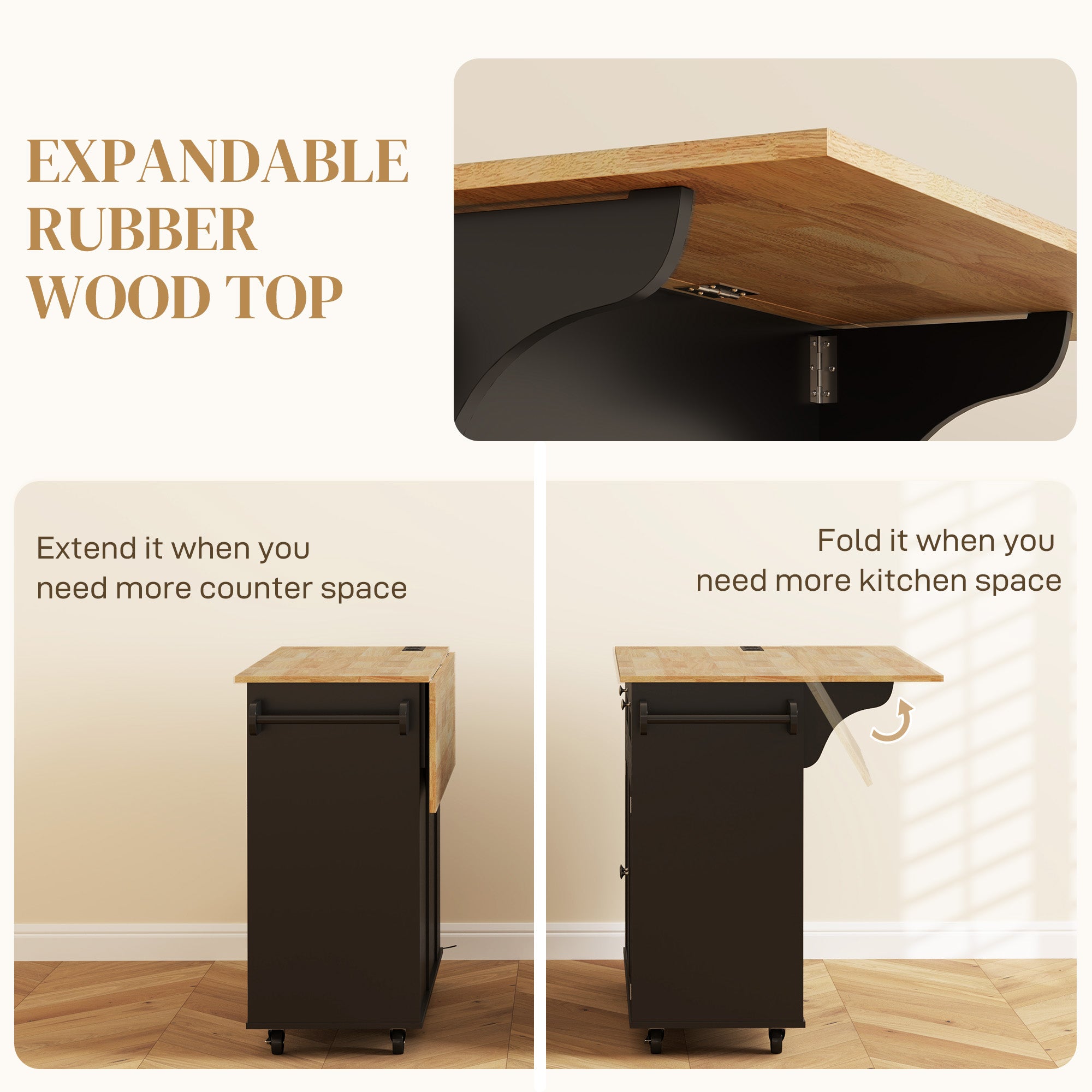Kitchen Island with Power Outlet and Drop Leaf, Rolling Kitchen Cart with 2 Drawers and Adjustable Shelves, Black Kitchen Islands & Kitchen Carts at Gallery Canada
