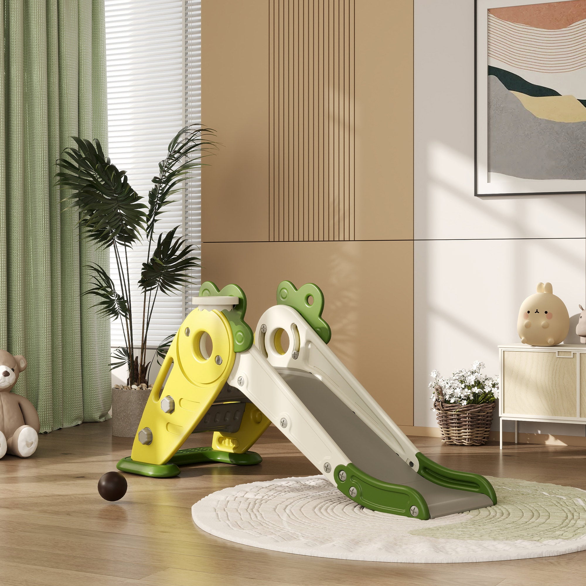 3 in 1 Foldable Toddler Slide with Basketball Hoop, Climber, for 1-3 Years Old, Yellow Gym Sets & Swings at Gallery Canada