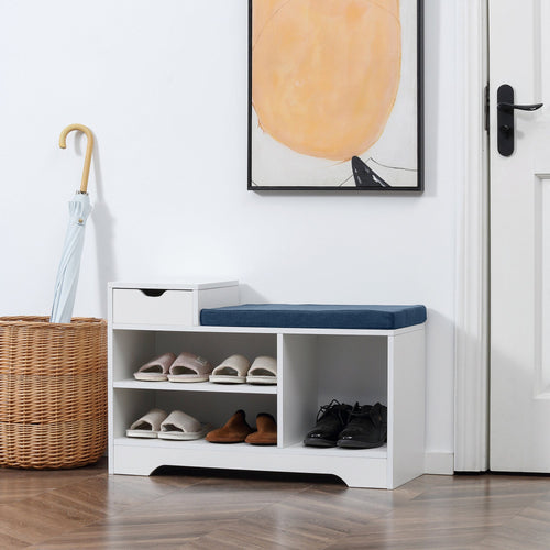 Shoe Bench with Storage, Modern Upholstered Entryway Bench with Open Shelves and Drawer for Living Room, Hallway, White