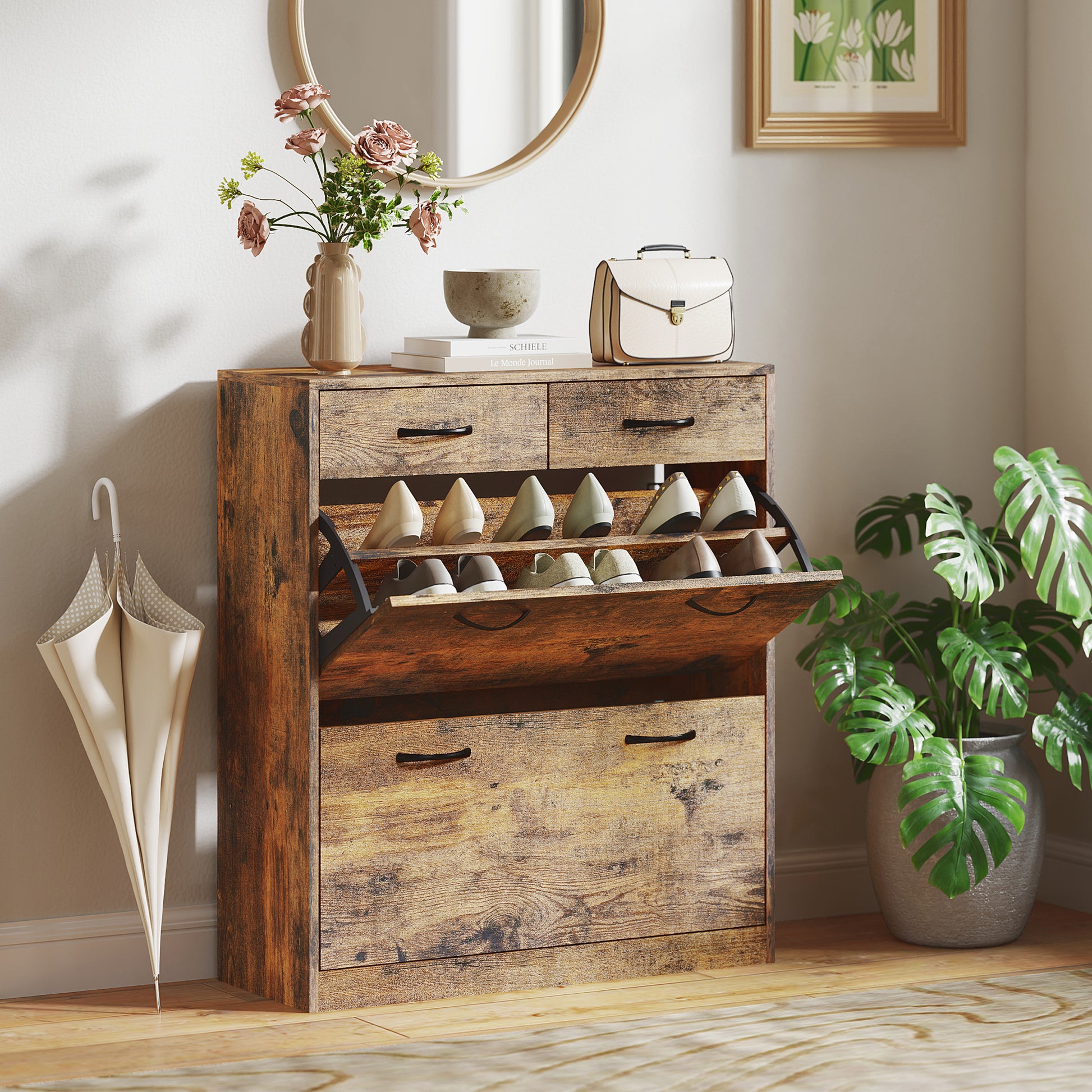 Narrow Shoe Storage with 2 Flip Drawers and Adjustable Shelves Shoe Organizer Cabinet for 12 Pairs of Shoes, Brown Shoe Storage Cabinets & Racks Rustic Brown at Gallery Canada