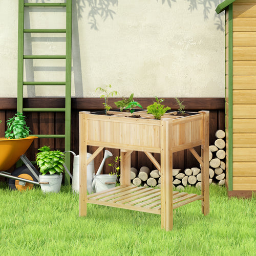 6 Pocket Raised Garden Bed, Elevated Wood Planter Box with Storage Shelf and Non-Woven Fabric, for Vegetable, Flower, Herb in Patio, Backyard, Balcony