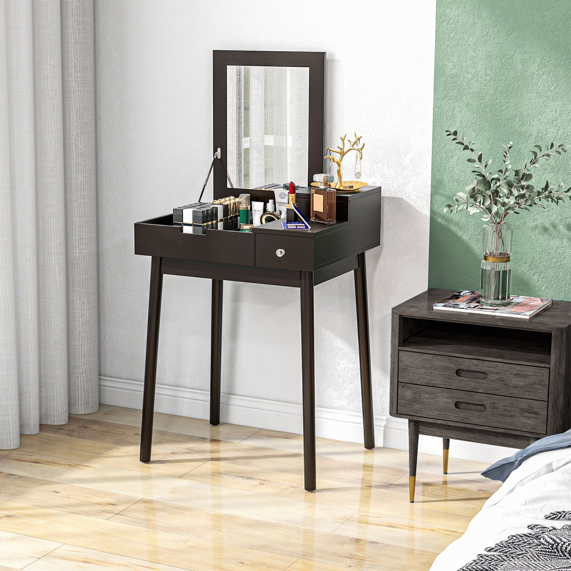 Makeup Vanity Table with Flip-up Mirror, Modern Dressing Table with 2 Drawers for Bedroom, Black Dressing & Vanity Tables   at Gallery Canada