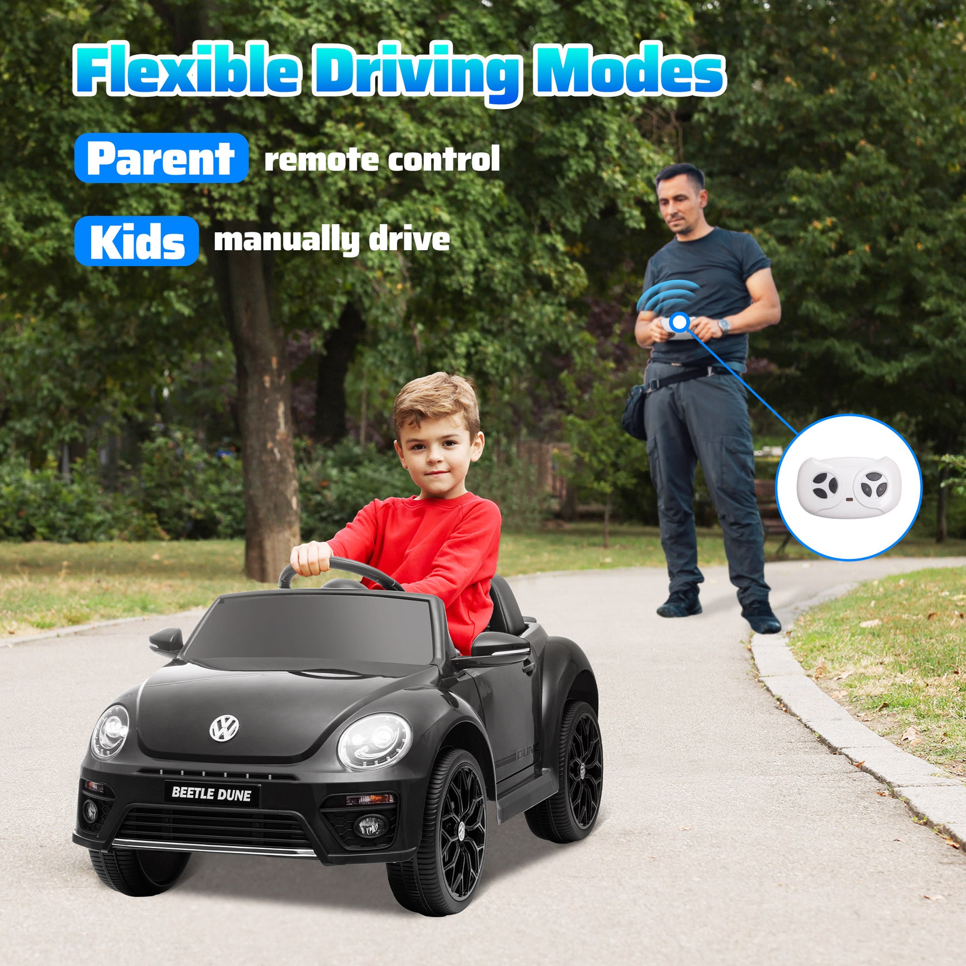 12V Volkswagen Beetle Licensed Electric Car for Kids w/ Remote Control, 4 Spring Suspension Wheels, Soft Start, Black Electric Toy Cars   at Gallery Canada