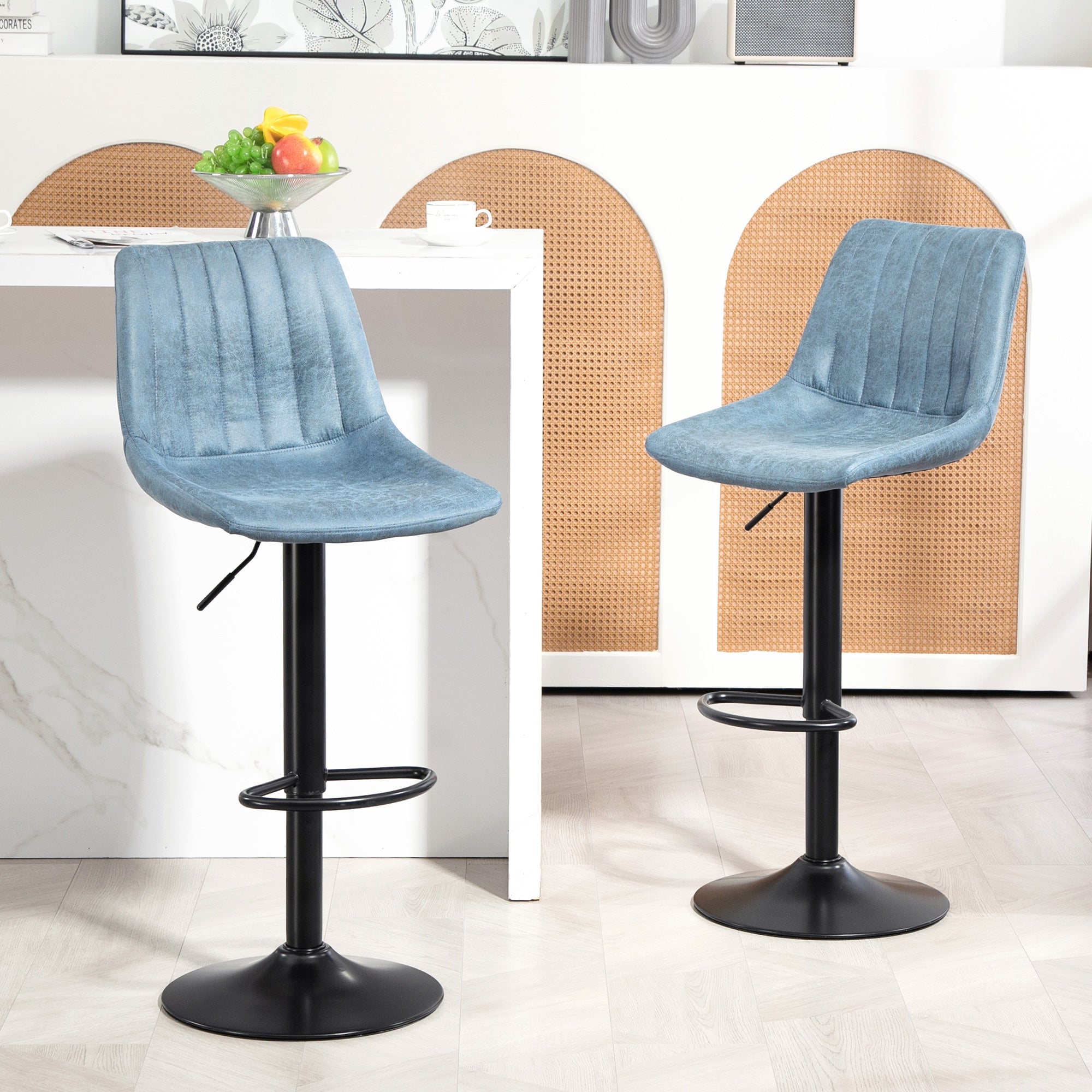 Counter Height Bar Stools Set of 2, Adjustable Height Bar Chairs with Swivel Seat, Leathaire Upholstery Bar Stools Blue  at Gallery Canada