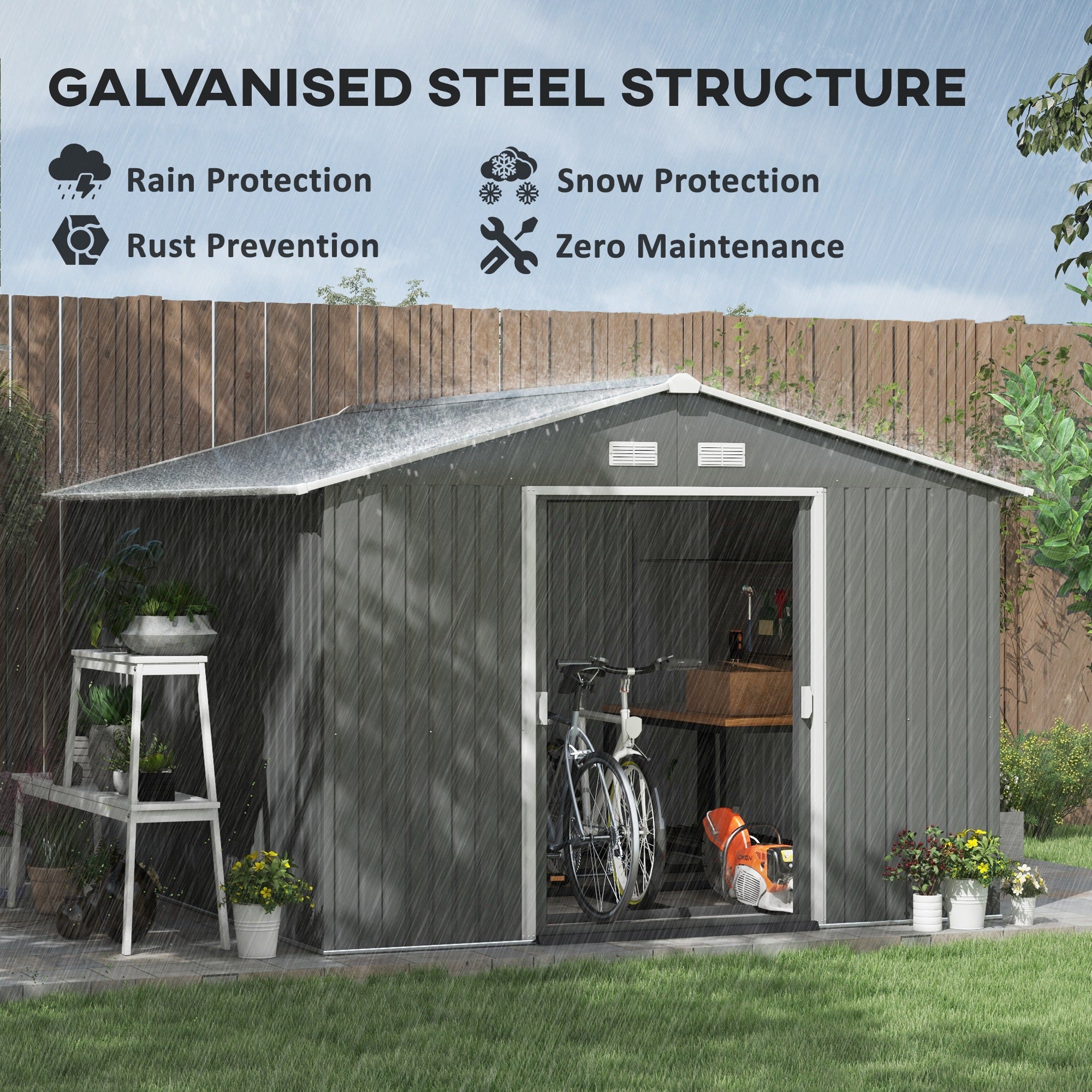 9' x 10.6' Garden Storage Shed w/ Foundation Kit Metal Tool Storage House w/ Double Doors Light Grey Sheds at Gallery Canada