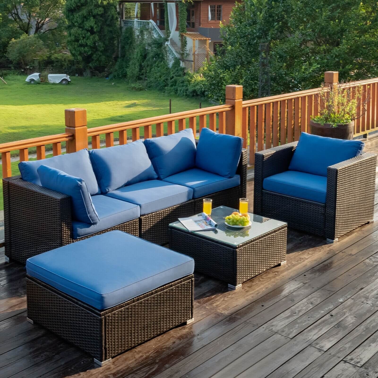 6 Pieces Patio Rattan Furniture Set with Sectional Cushion, Blue Outdoor Sectionals   at Gallery Canada