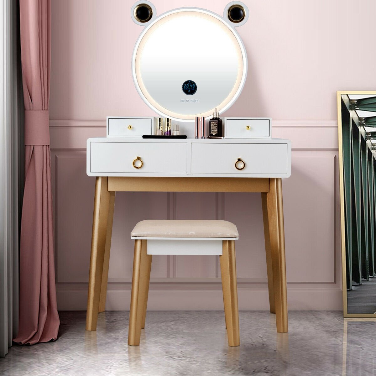 Vanity Set with 3-Color Lighted Touch Screen Dimming Mirror and 4 Drawers, White Makeup Vanities   at Gallery Canada