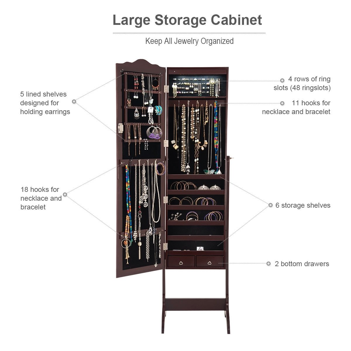 Mirrored Jewelry Cabinet Storage With Drawer And Led Lights , Coffee Jewelry Armoires   at Gallery Canada